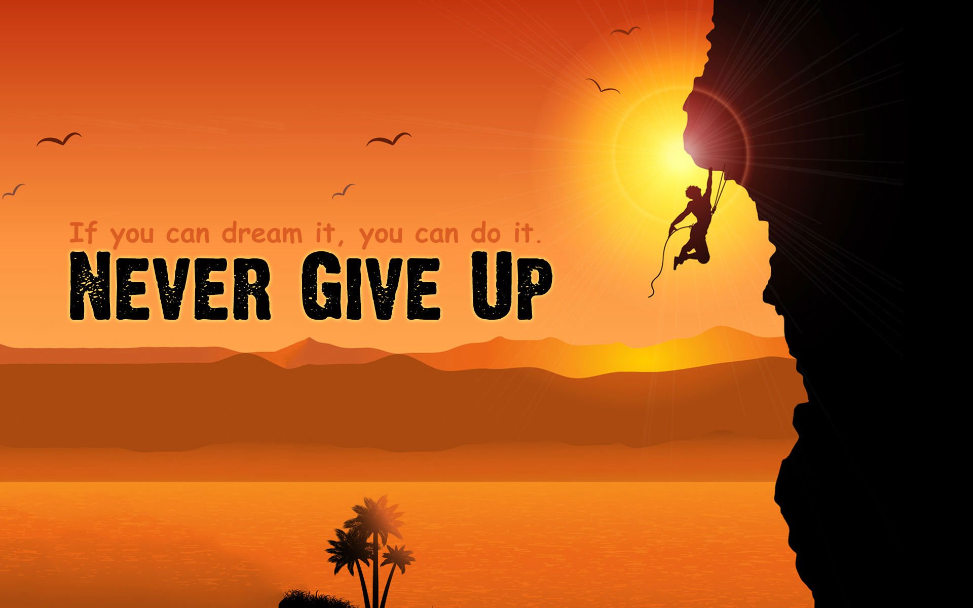 A silhouette of a person climbing a cliff at sunset with the quote 