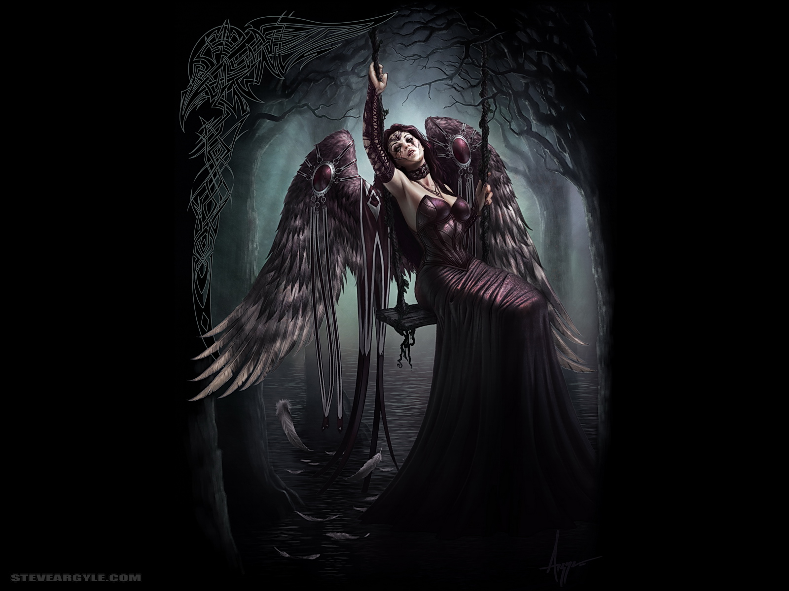 Wings Trees Feathers Gothic Fantasy Art Swings Steve Argyle Black