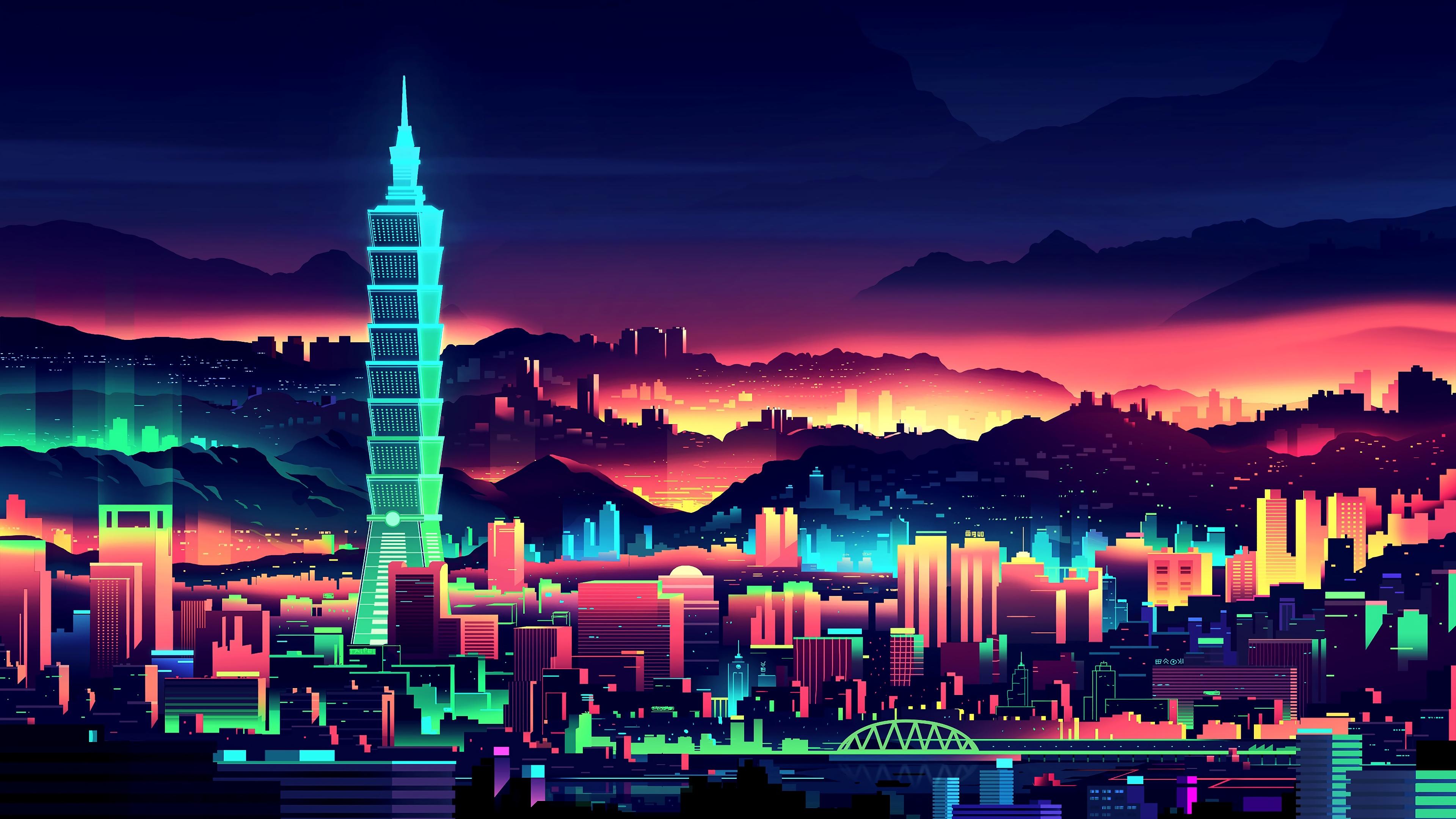 Taipei Neon City Buildings Cityscape Digital Art 4k Wallpaper