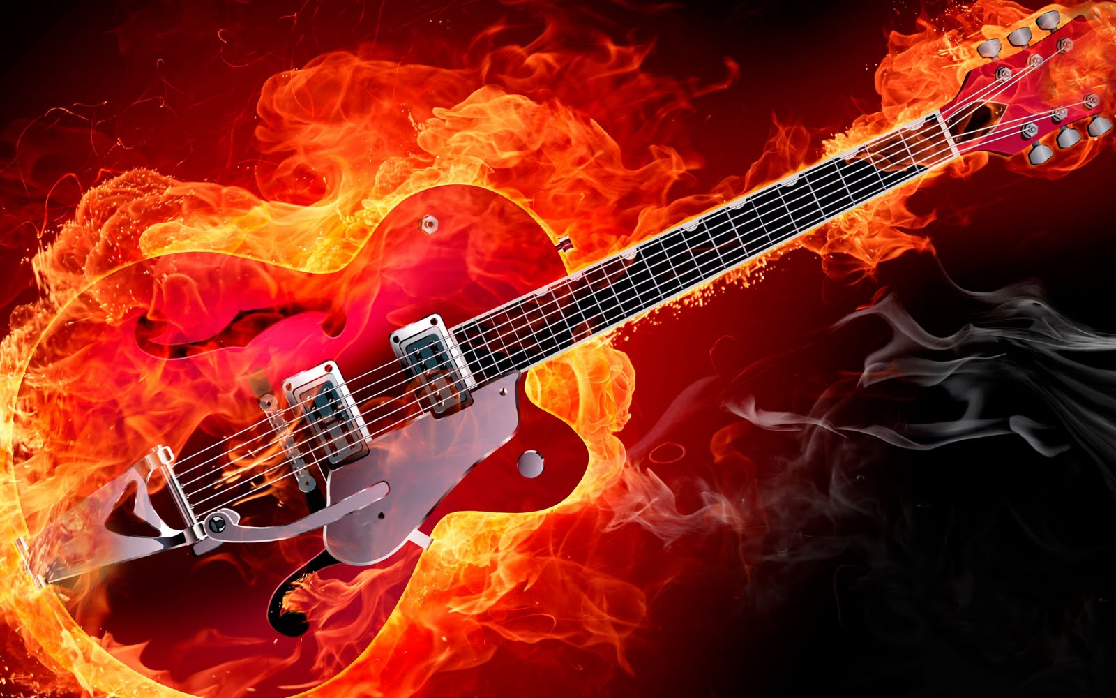 Rockabilly Guitar On Fire Red Smoke Flames HD Music Desktop Wallpaper