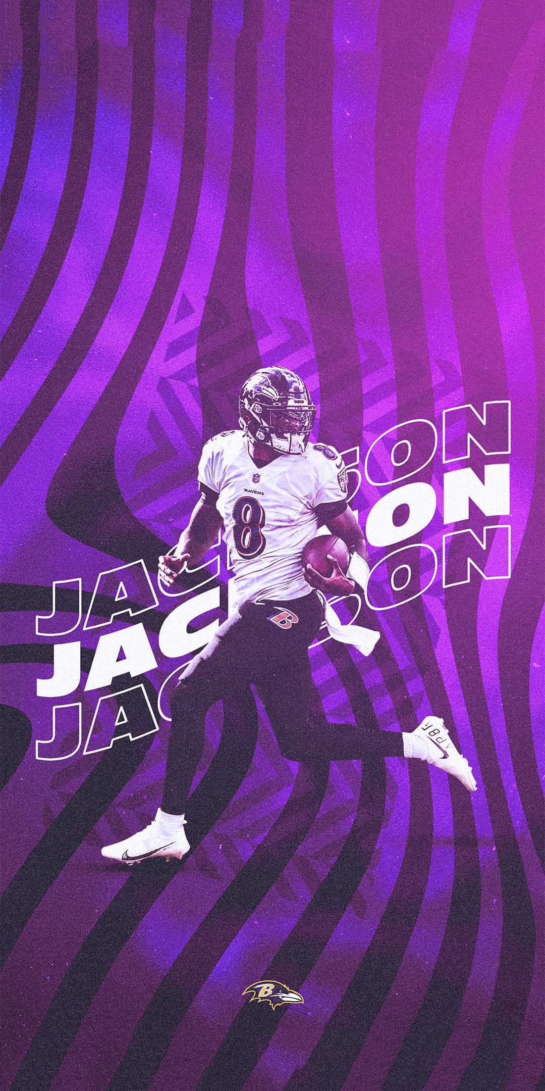 Dynamic action shot of Baltimore Ravens running back Justin Jackson in mid-stride, set against a vibrant purple and black graphic background