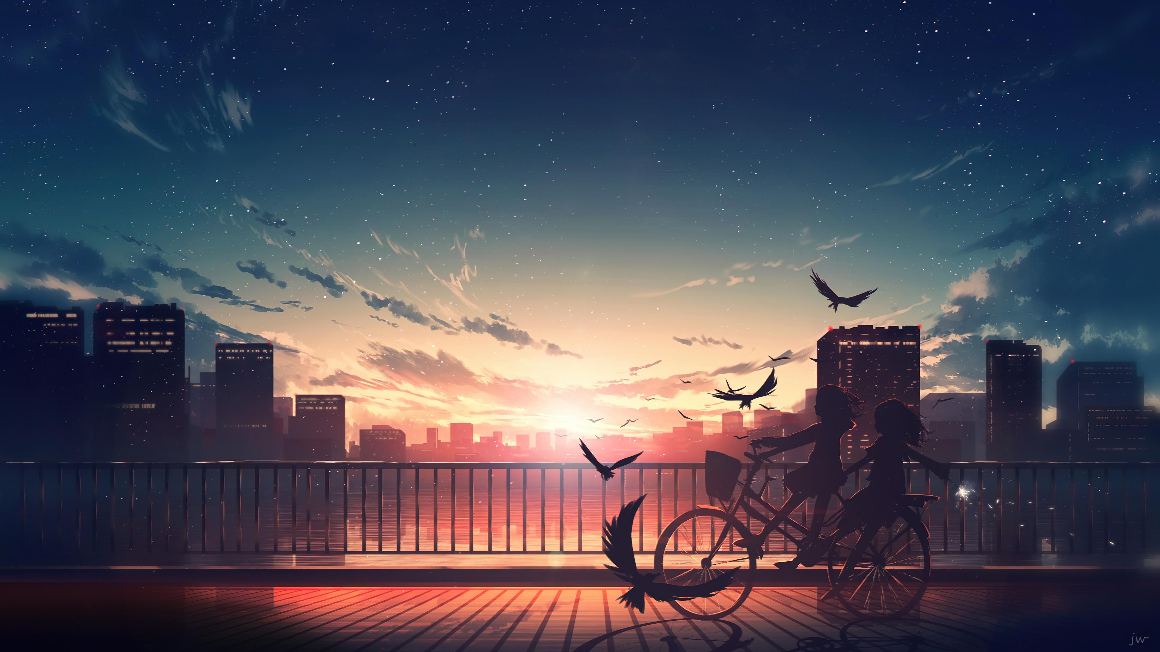 Anime Girls Silhouette Biking City Sunset 4k Wallpaper iPhone HD