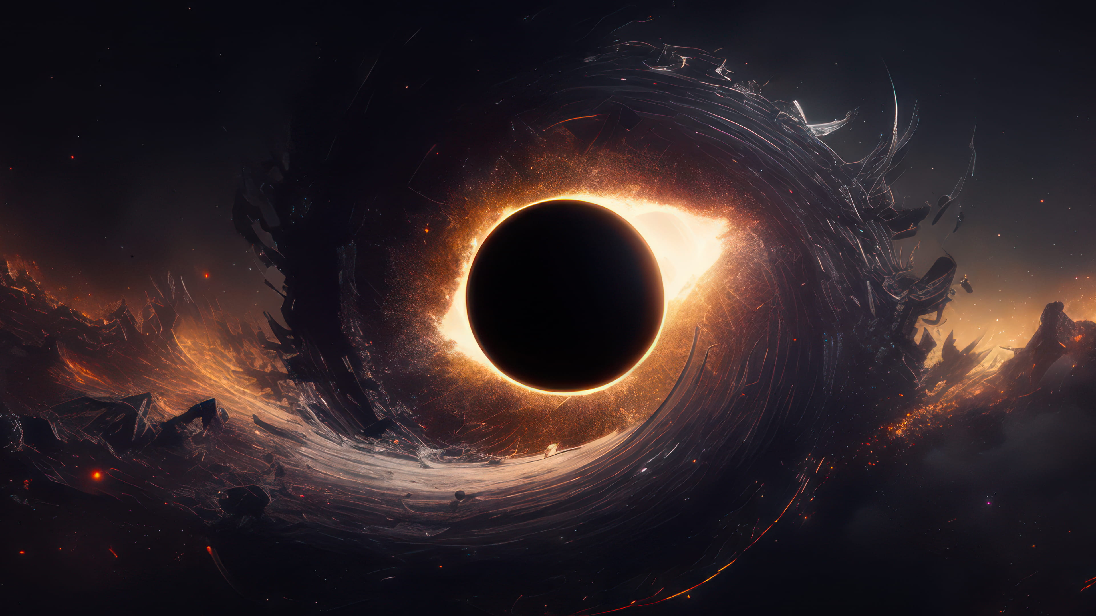 A stunning 4k wallpaper featuring a black hole or dark star surrounded by a swirling nebula of fiery colors and cosmic debris