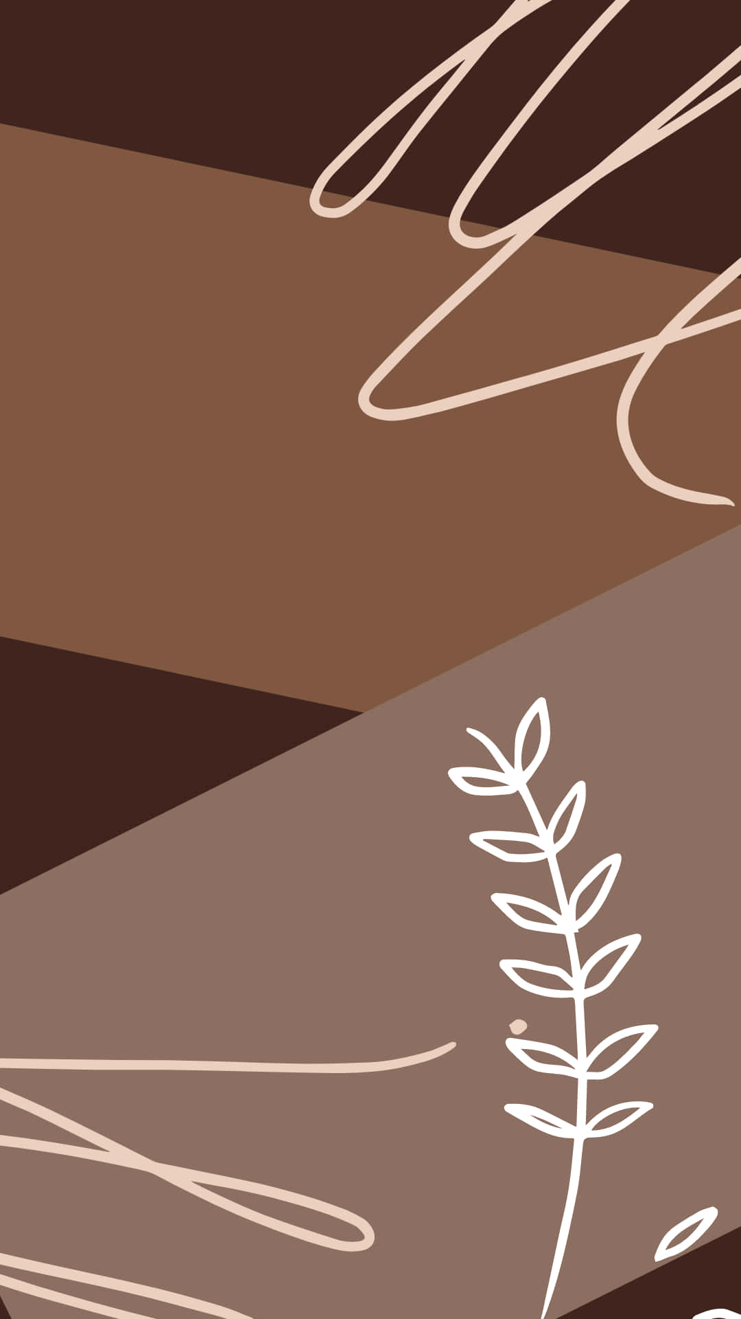 Abstract brown wallpaper with minimalist line art and botanical elements