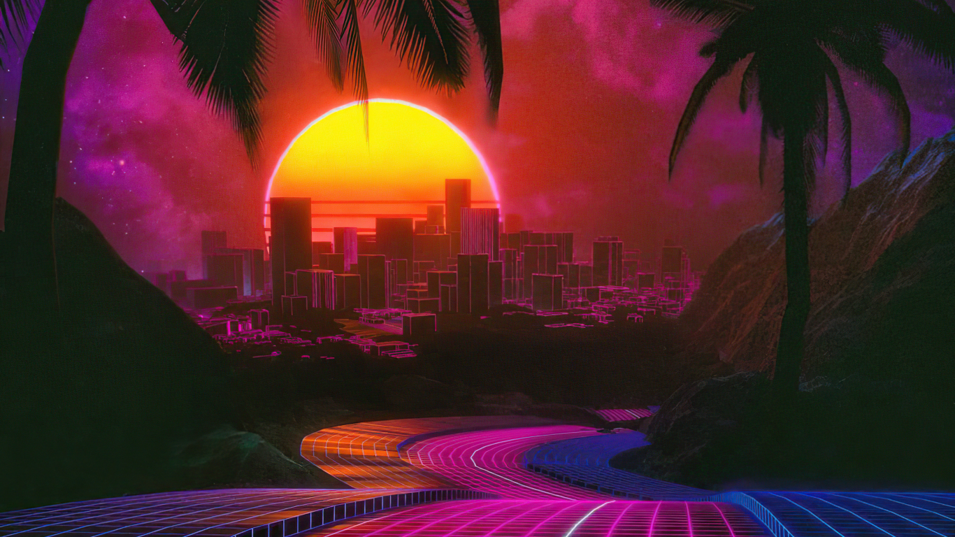Outrun Road To City Night Digital Art Wallpaper Background