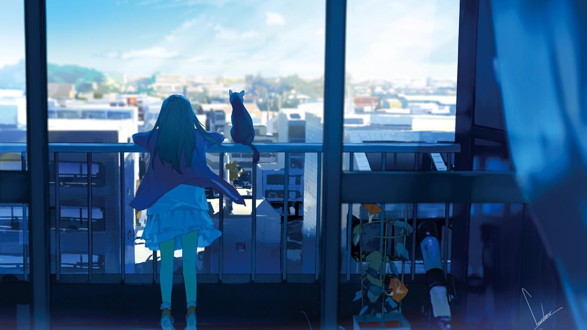 1068418 cat window city anime anime girls reflection sky