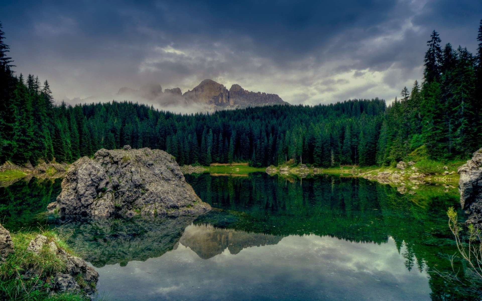 Image Dark Green Forest Lake Rocks Wallpaper And Stock Photos