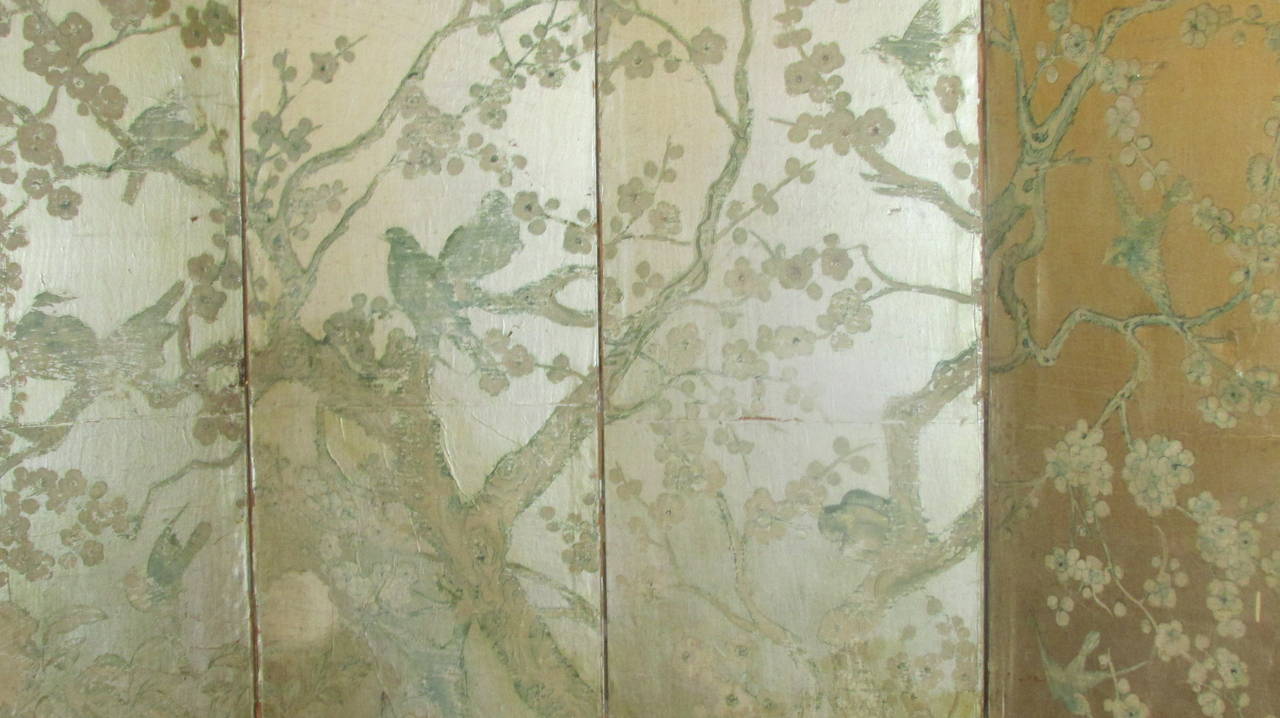 Silver Leaf Chinoiserie Paint Decorated Wallpaper Screen At 1stdibs