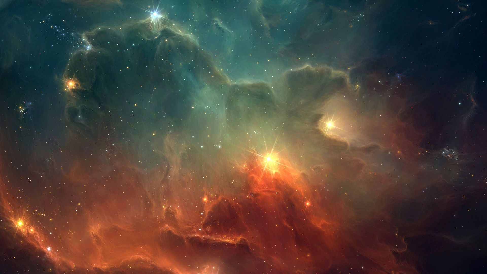 A breathtaking 4k wallpaper of a vibrant nebula in space, featuring swirling clouds of red, orange, and teal, illuminated by bright stars