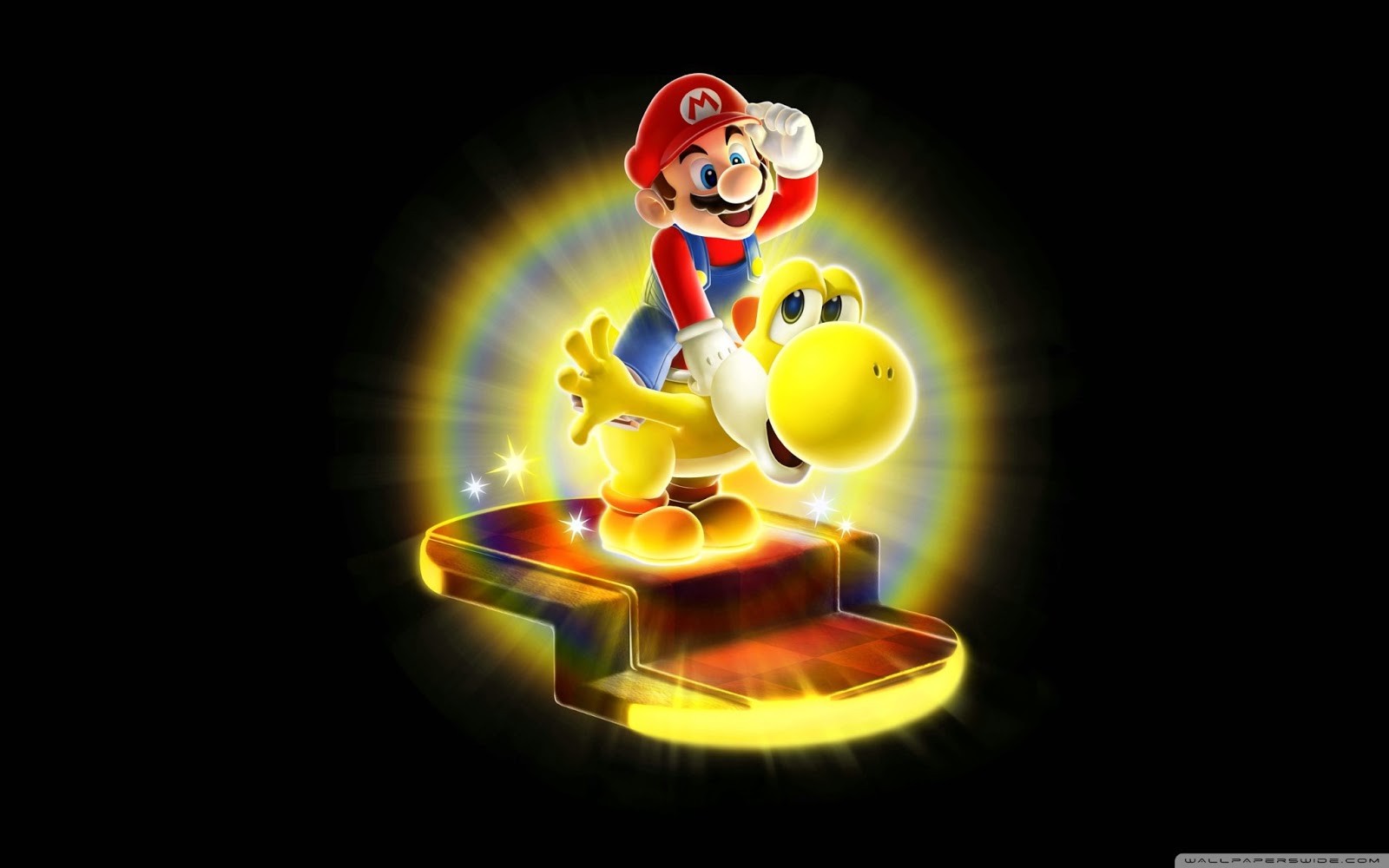Mario riding Yoshi on a glowing platform in Super Mario Galaxy