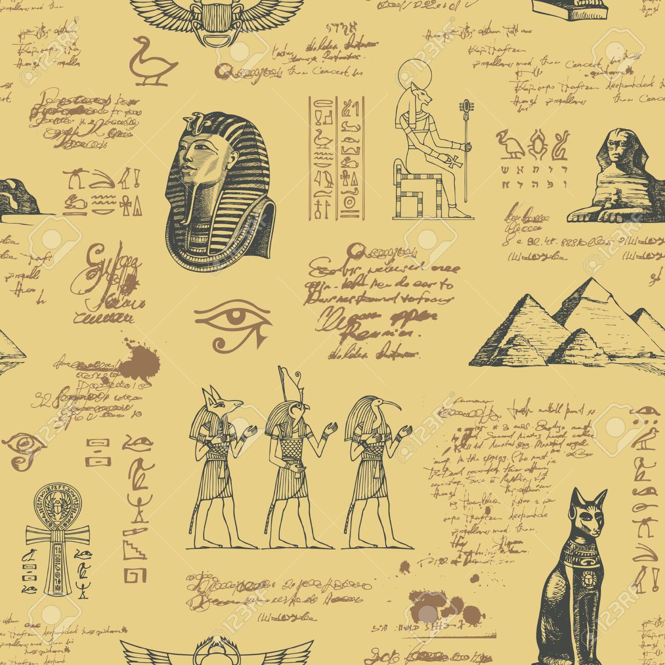 Vector Seamless Pattern On The Ancient Egypt Theme With Unreadable