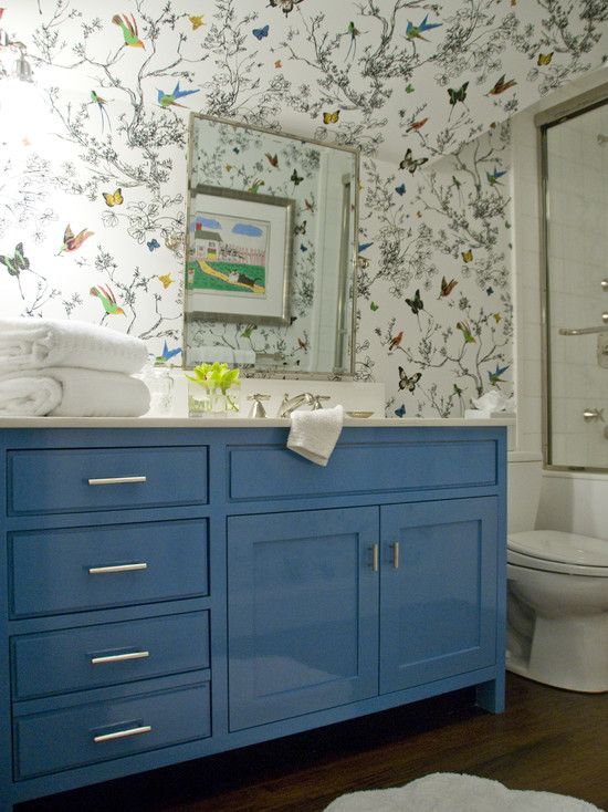 Schumacher Birds and Butterflies Wallpaper and glossy blue lacquered
