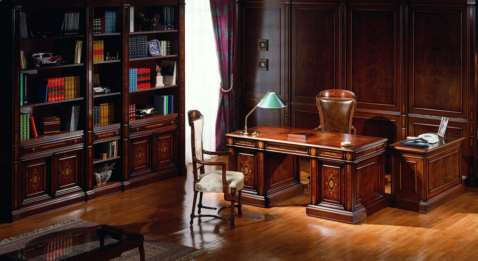 A Desk With Chair And Bookcase Wallpaper