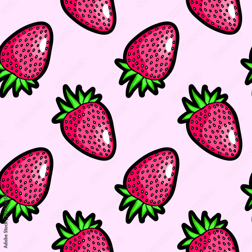 Strawberries Seamless Pattern Light Pink Background Cute Kawaii