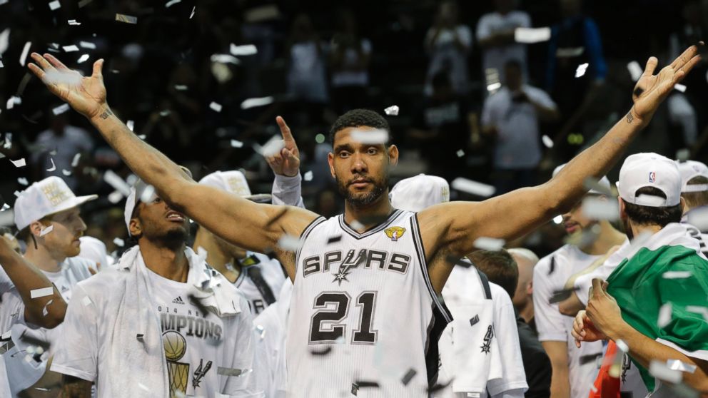 San Antonio Spurs Forward Tim Duncan Celebrates His Fifth Career Nba