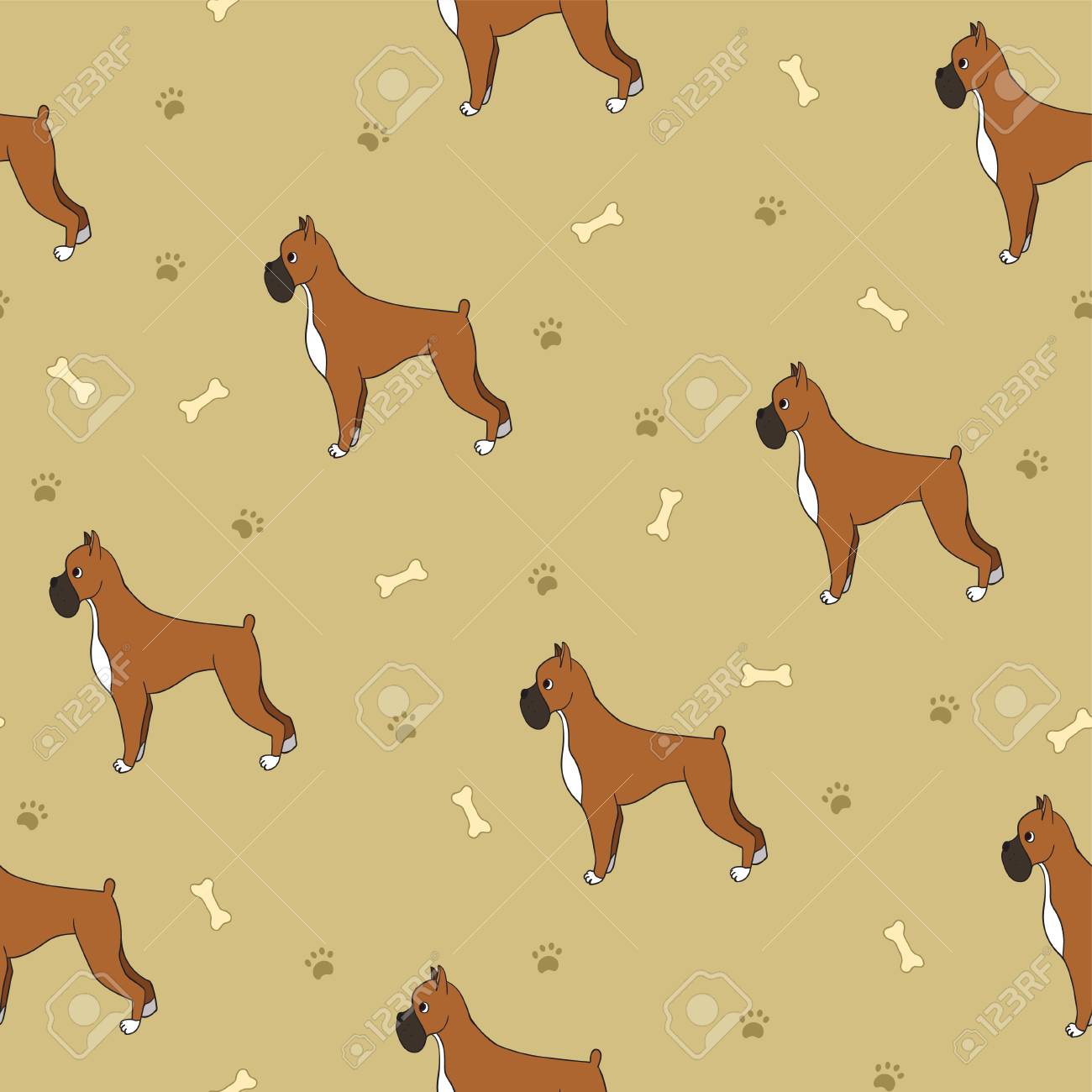 Awesome Seamless Pattern With Dogs Bones And Paws Boxer Breed