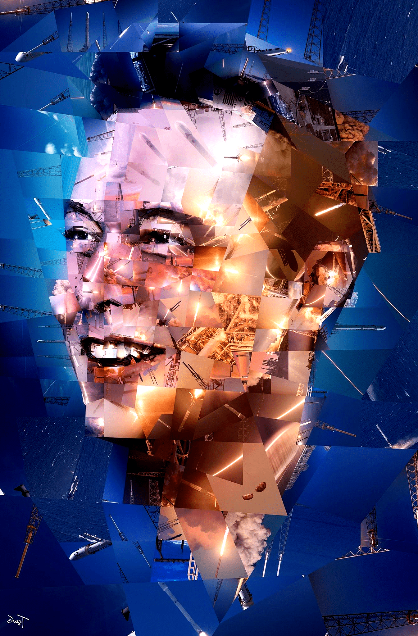A vibrant photo mosaic of Elon Musk created from images of SpaceX rocket launches, embodying his visionary leadership in space exploration