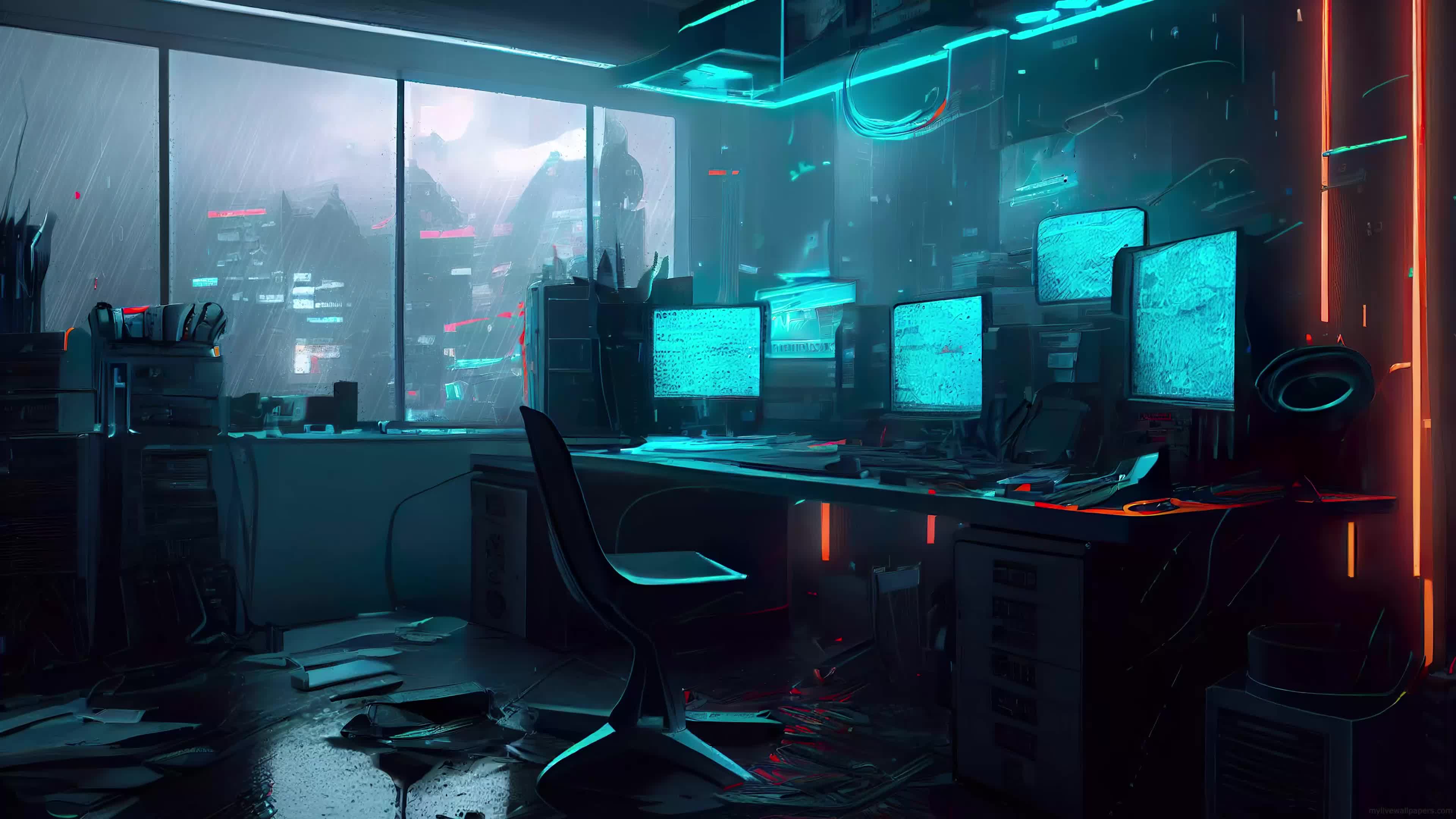 A futuristic, neon-lit room with multiple computer monitors displaying code, set against a backdrop of a rainy cityscape viewed through a large window