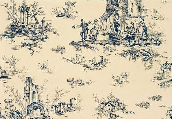 Admiral Blue and Almond French Countryside Village Toile Wallpaper