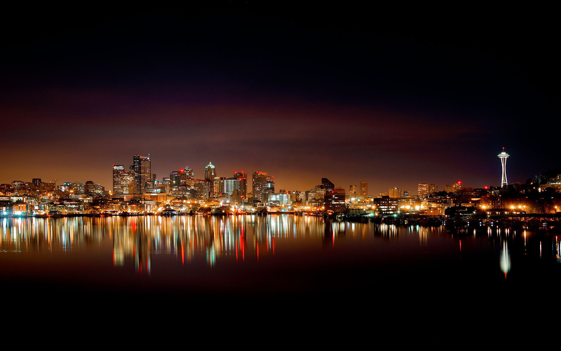 USA Washington Seattle cities night lights reflection harbor buildings
