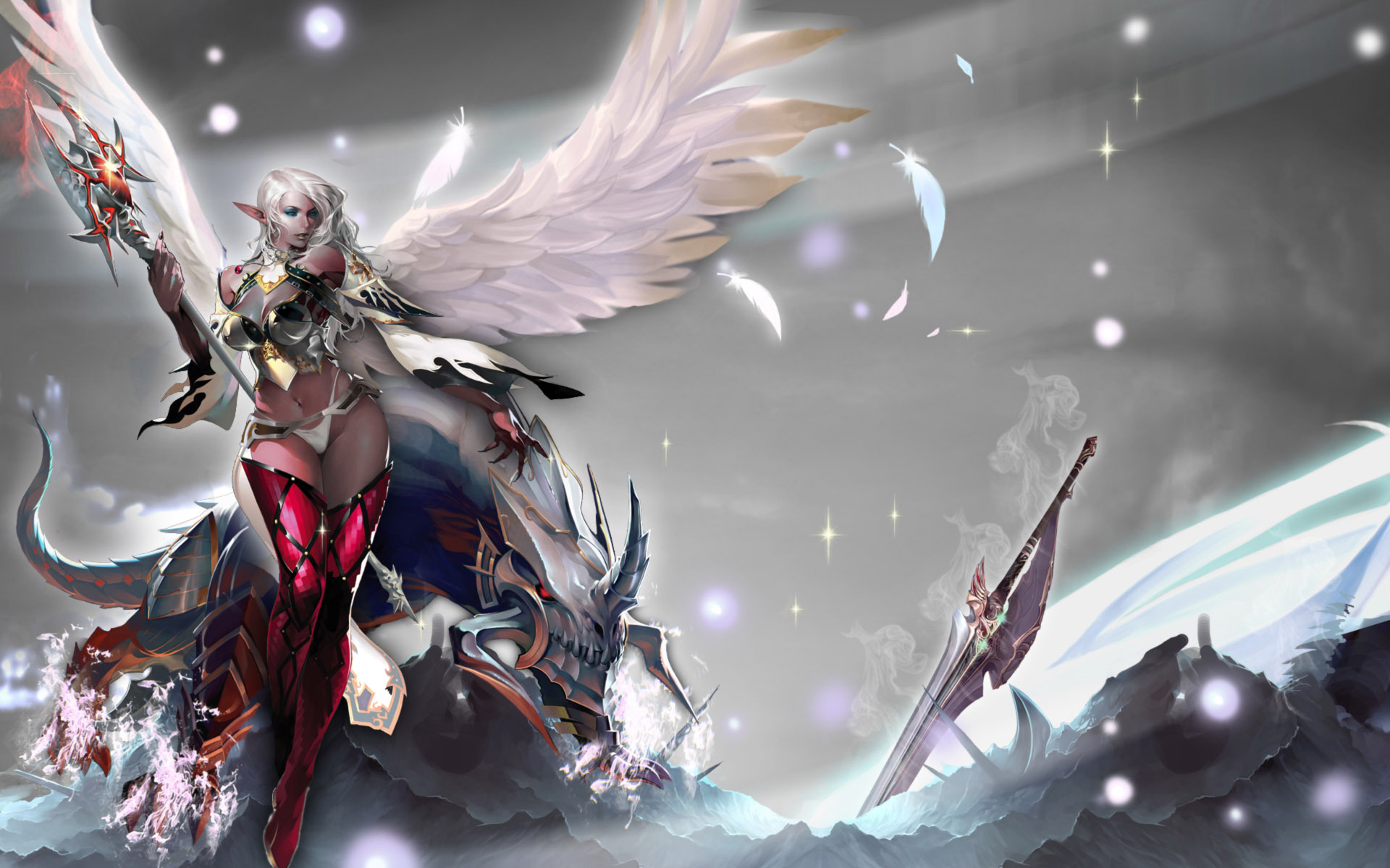 dark elf girl armor staff sword wings magic monster wallpaper 1920x1200