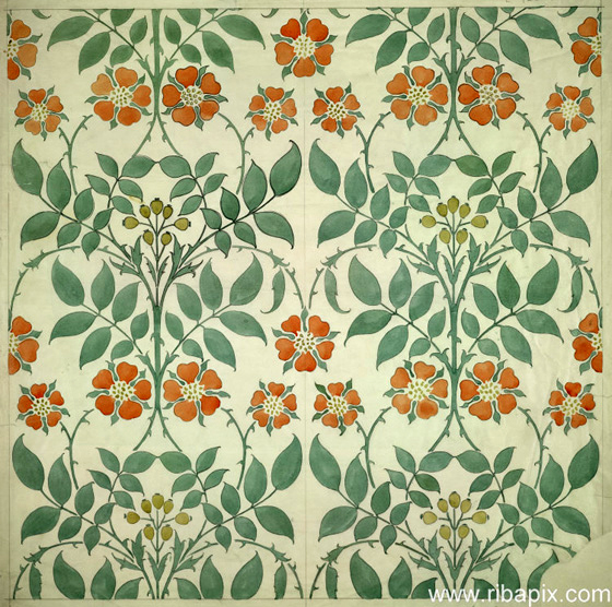 Design for wallpaper featuring stylized roses rosehips and leaves