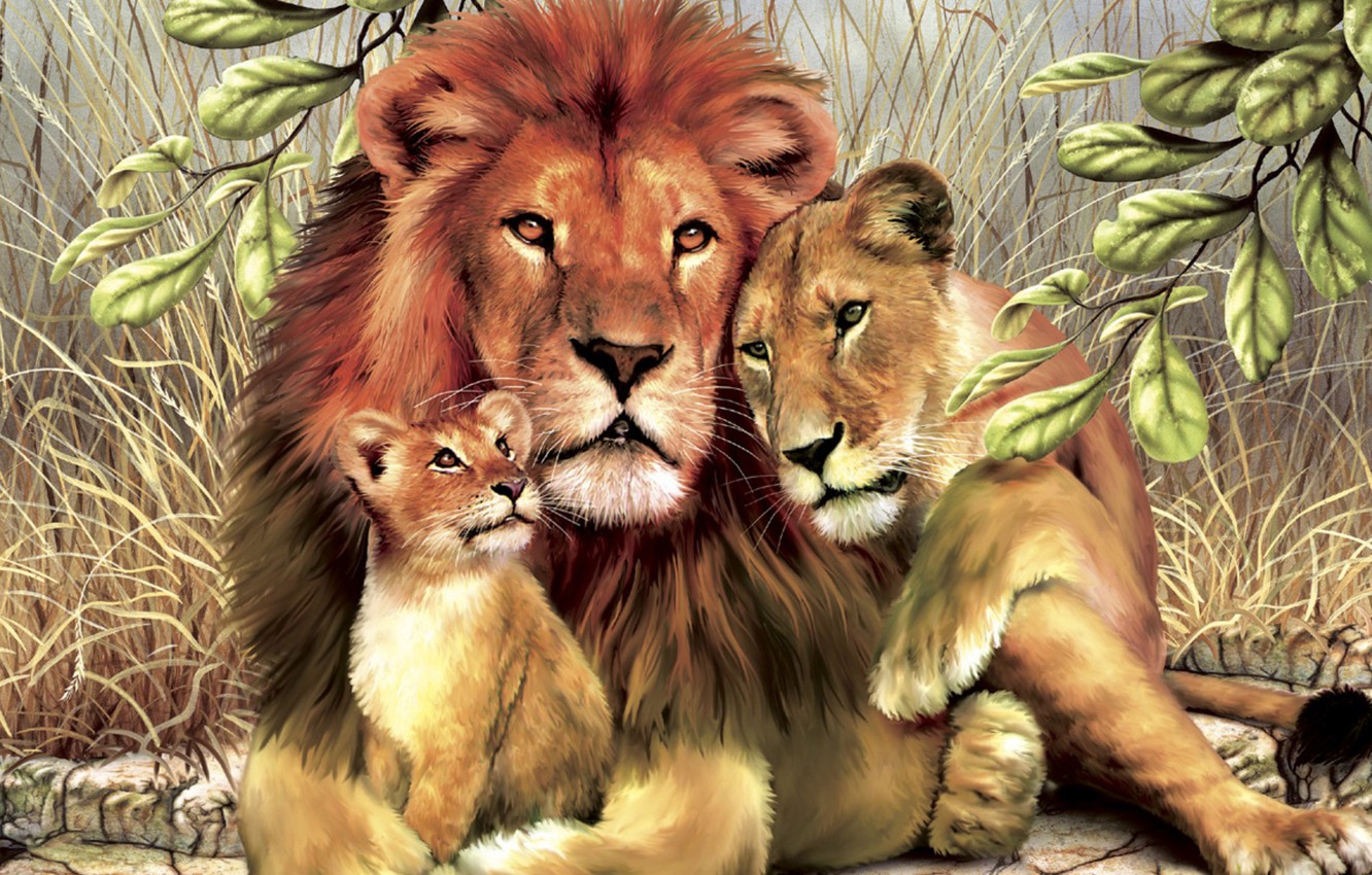 Wallpaper leaves Lions family images for desktop section 1332x850