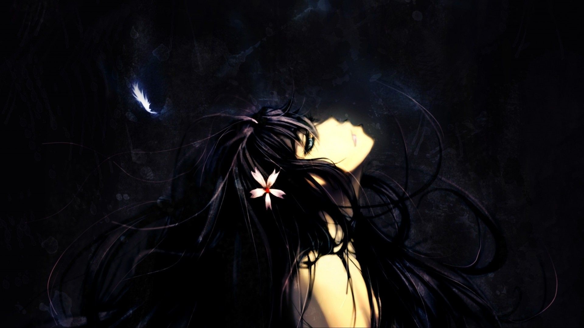 Dark anime girl with long black hair and a flower in her hair, against a dark background