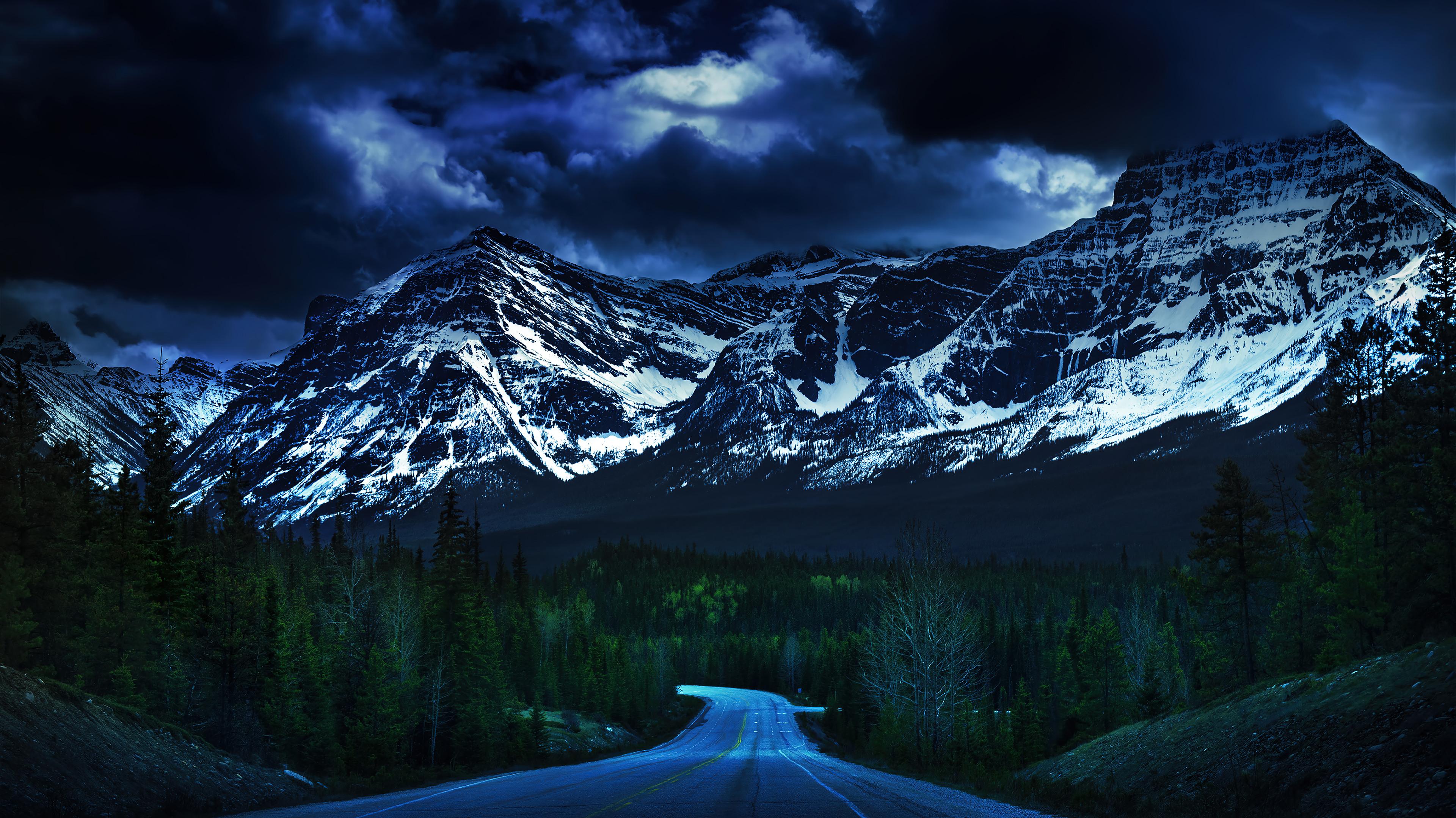 Mountain Road Forest Canadian Rockies Dark Clouds Wallpaper 4k HD