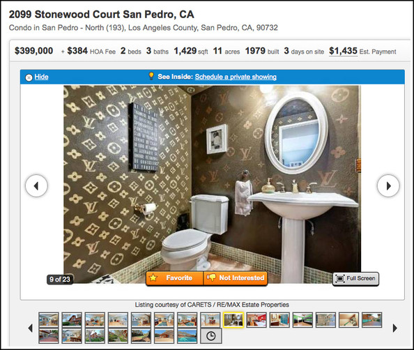  399000 home in San Pedro CA boasts a Vuitton wallpapered bathroom 594x502
