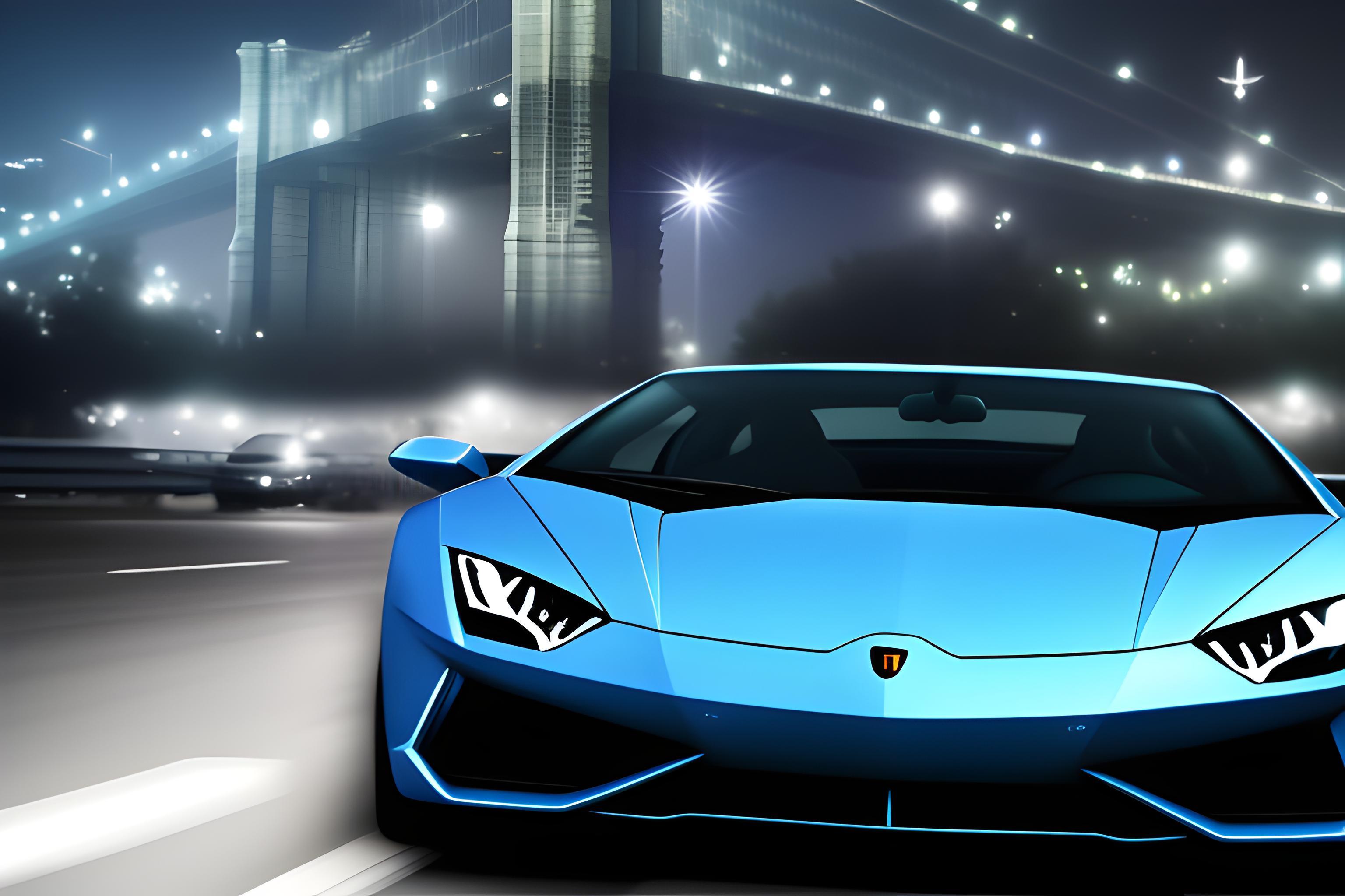 Super Car Lamborghini In Lightblue From Front At Night Time