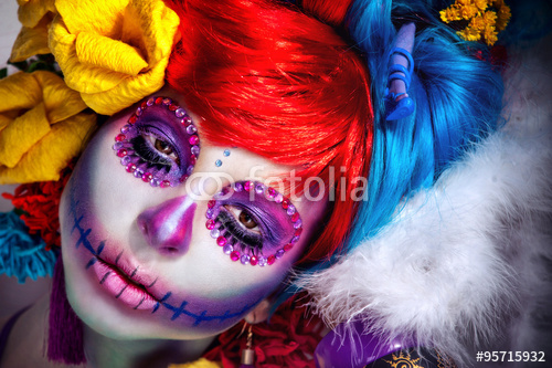 Make Up Sugar Skull Beautiful Model In Bright Paper Flowers Background