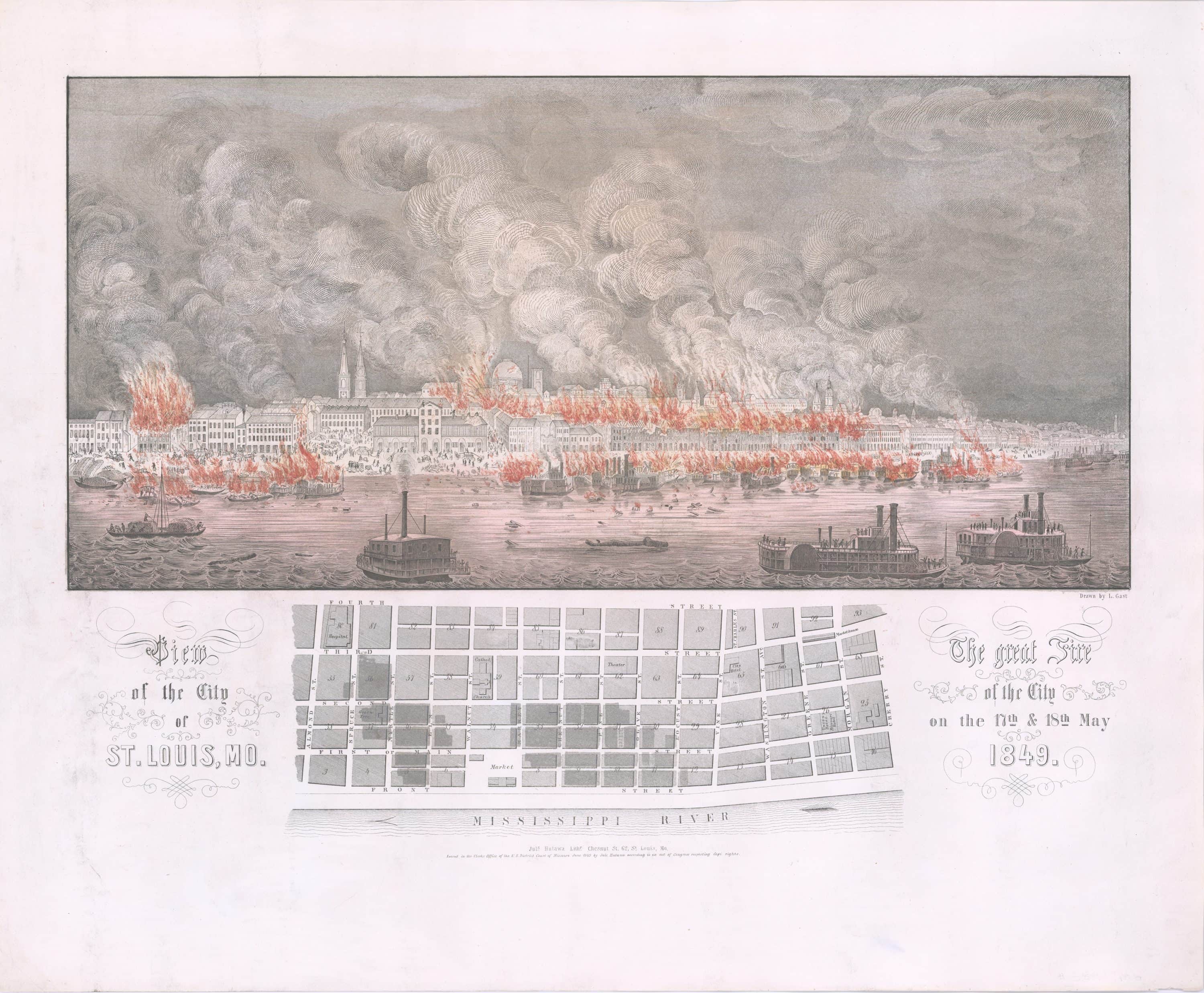 Dramatic Map And Of The St Louis Fire Rare Antique Maps