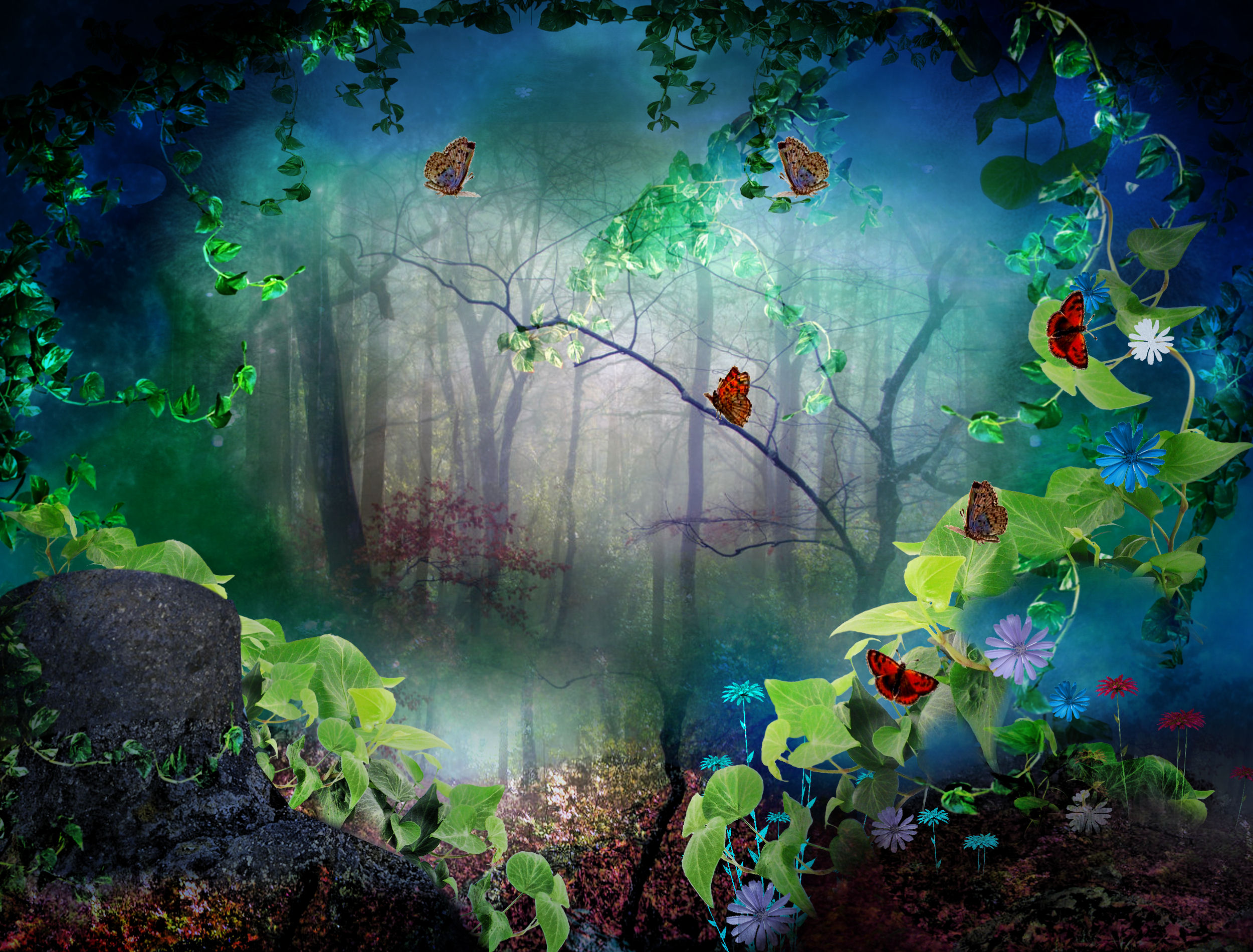 Art 3d Phantasmagoria Forest Trees Butterfly Wallpaper Background