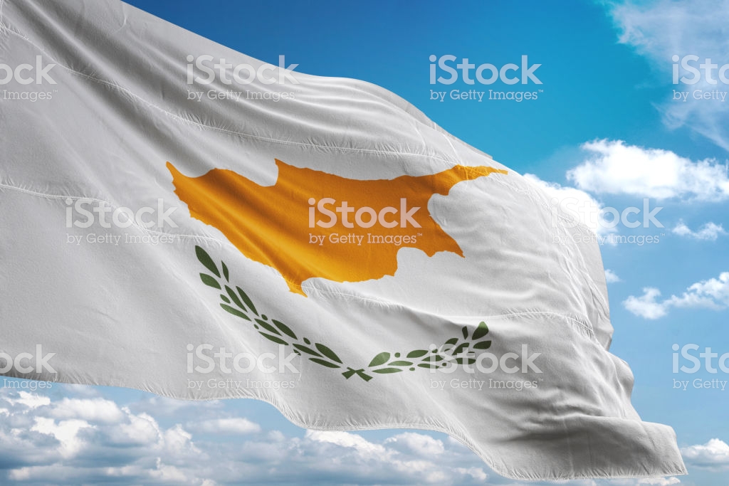 Cyprus Flag Waving Cloudy Sky Background Stock Photo
