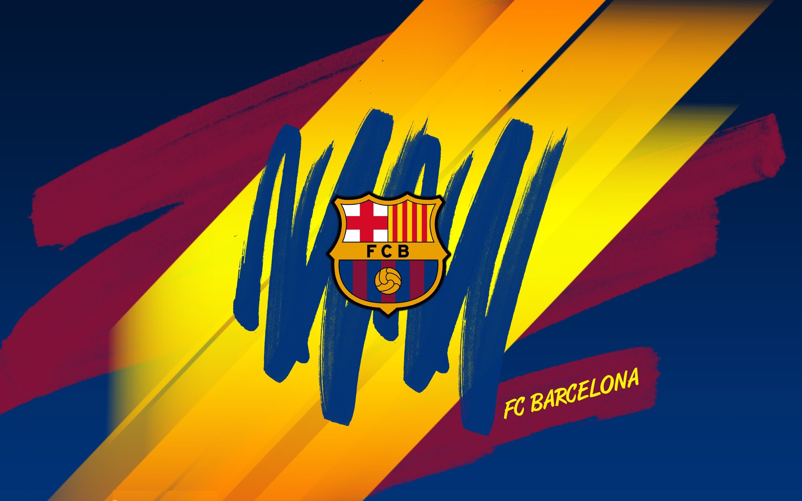 A vibrant 4K wallpaper featuring the FC Barcelona logo on a dynamic background of blue, burgundy, and gold brushstrokes