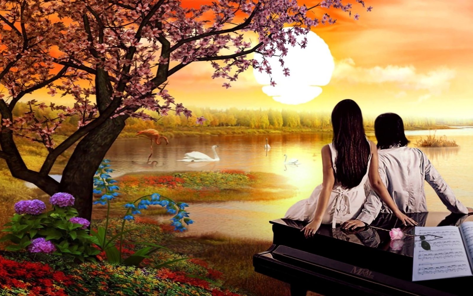 Romantic Love Couple Nature Swan Lake Sunset Spring Flowers Bloomed Tree Wallpaper