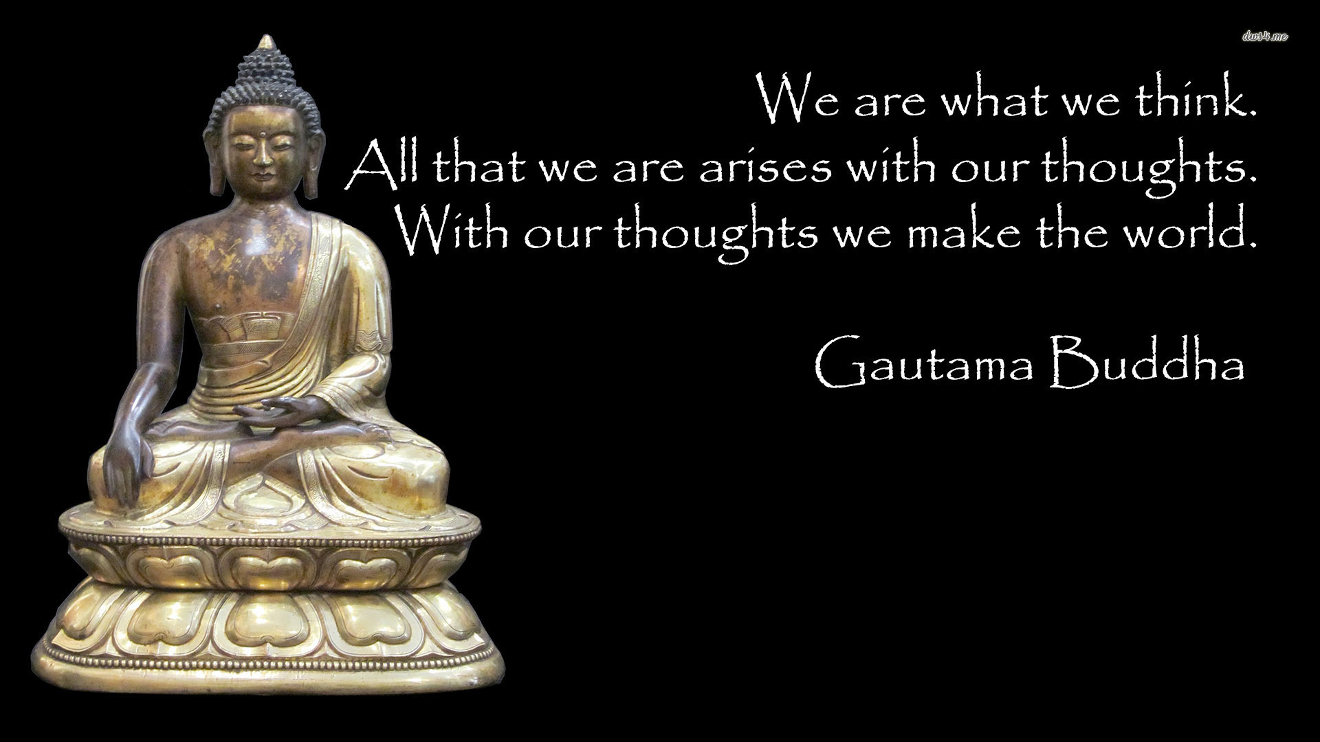 A serene golden statue of Gautama Buddha in meditation, accompanied by his profound quote about the power of thoughts