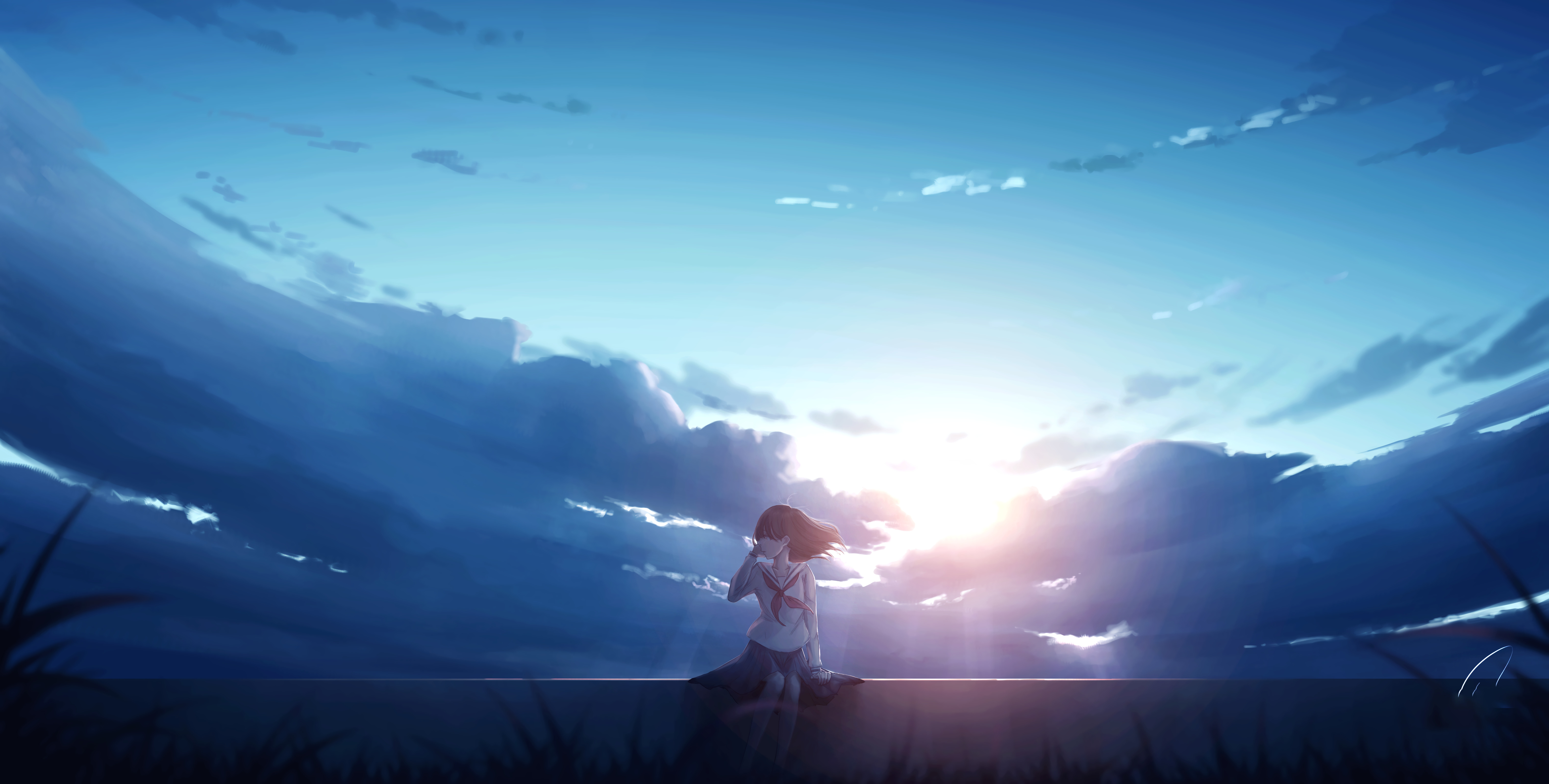 Anime Girl Alone Sitting Wallpaper HD 4k Image Photos