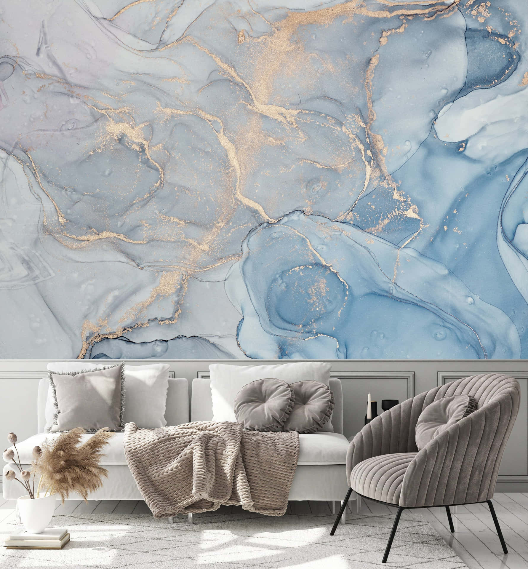 An Exclusive Light Blue Marble Surface Illuminated By A Golden Wallpaper