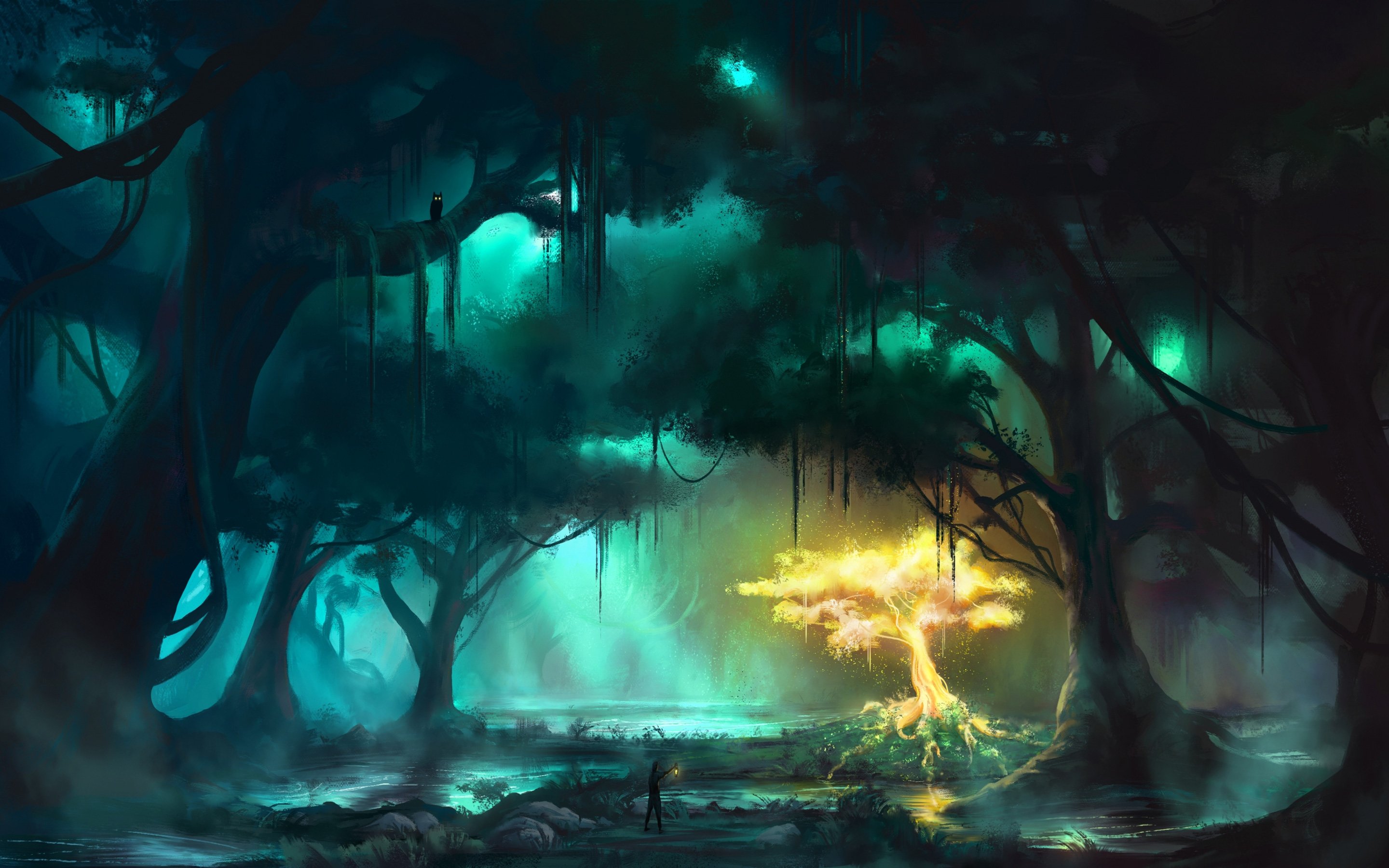Fantasy Forest Lighting Tree Art HD Wallpaper