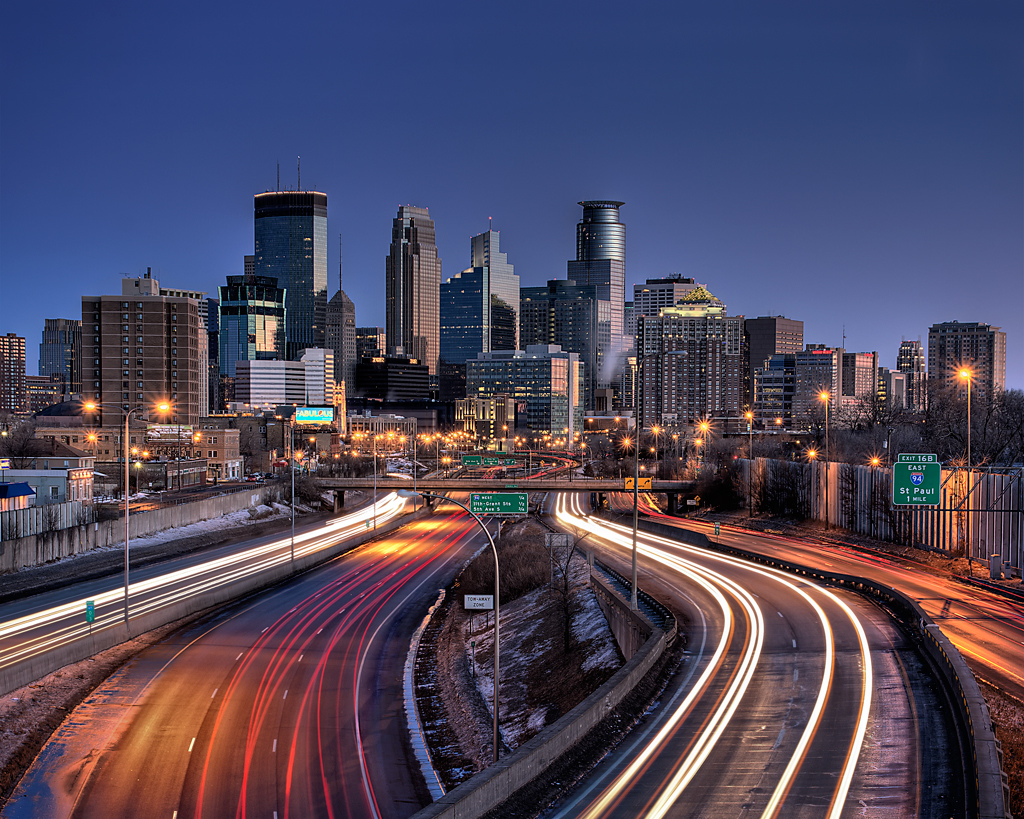 On Black Downtown Minneapolis Skyline At Sunrise By Jeremiah Peterson