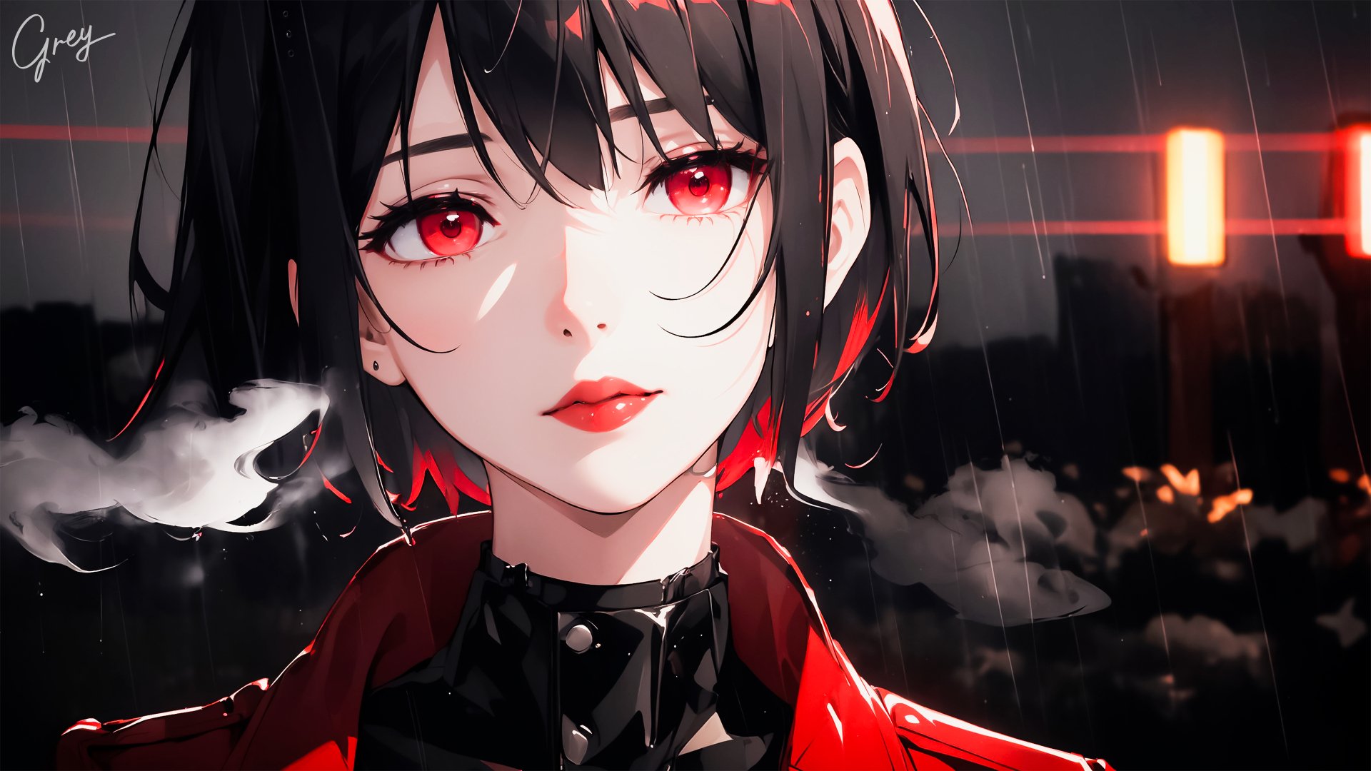 Anime girl with red eyes and red lips in the rain, digital art