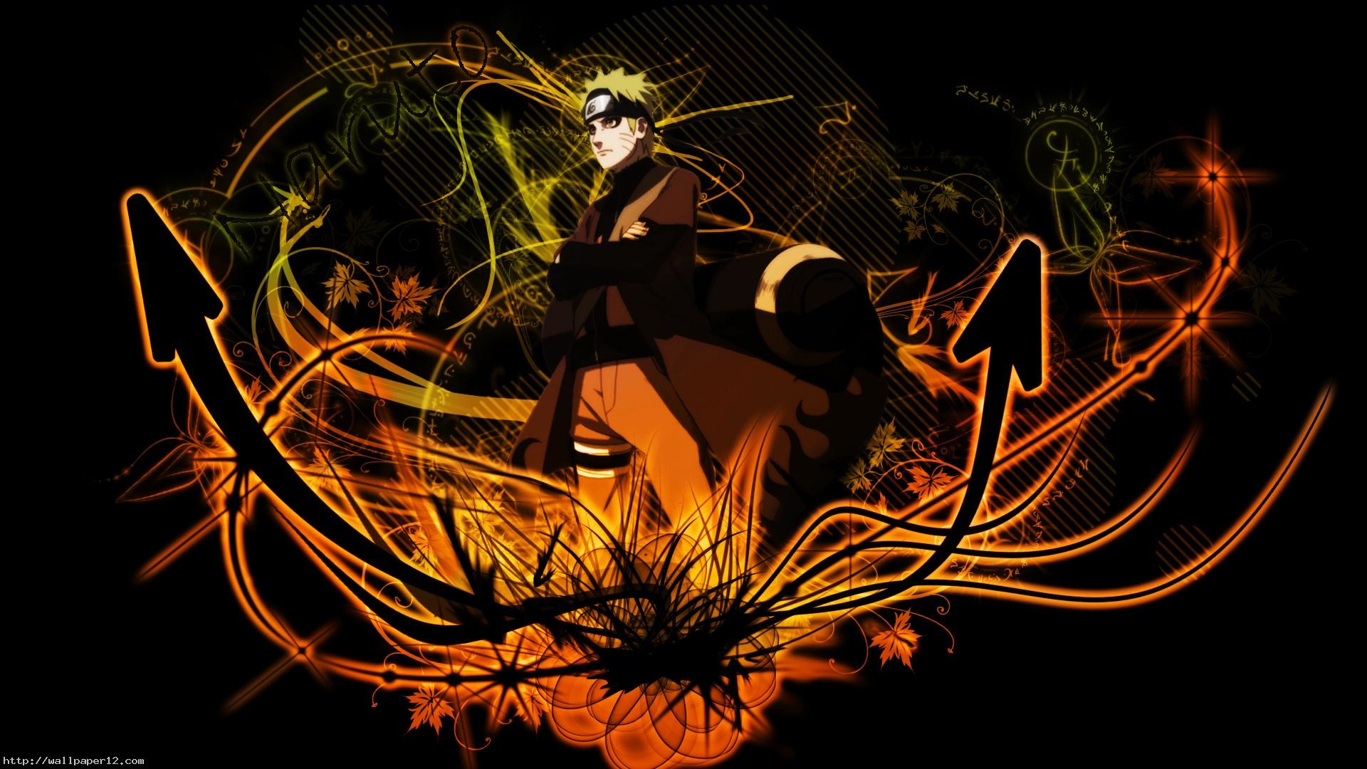 Naruto Uzumaki in a dynamic pose, with fiery orange and black abstract design elements