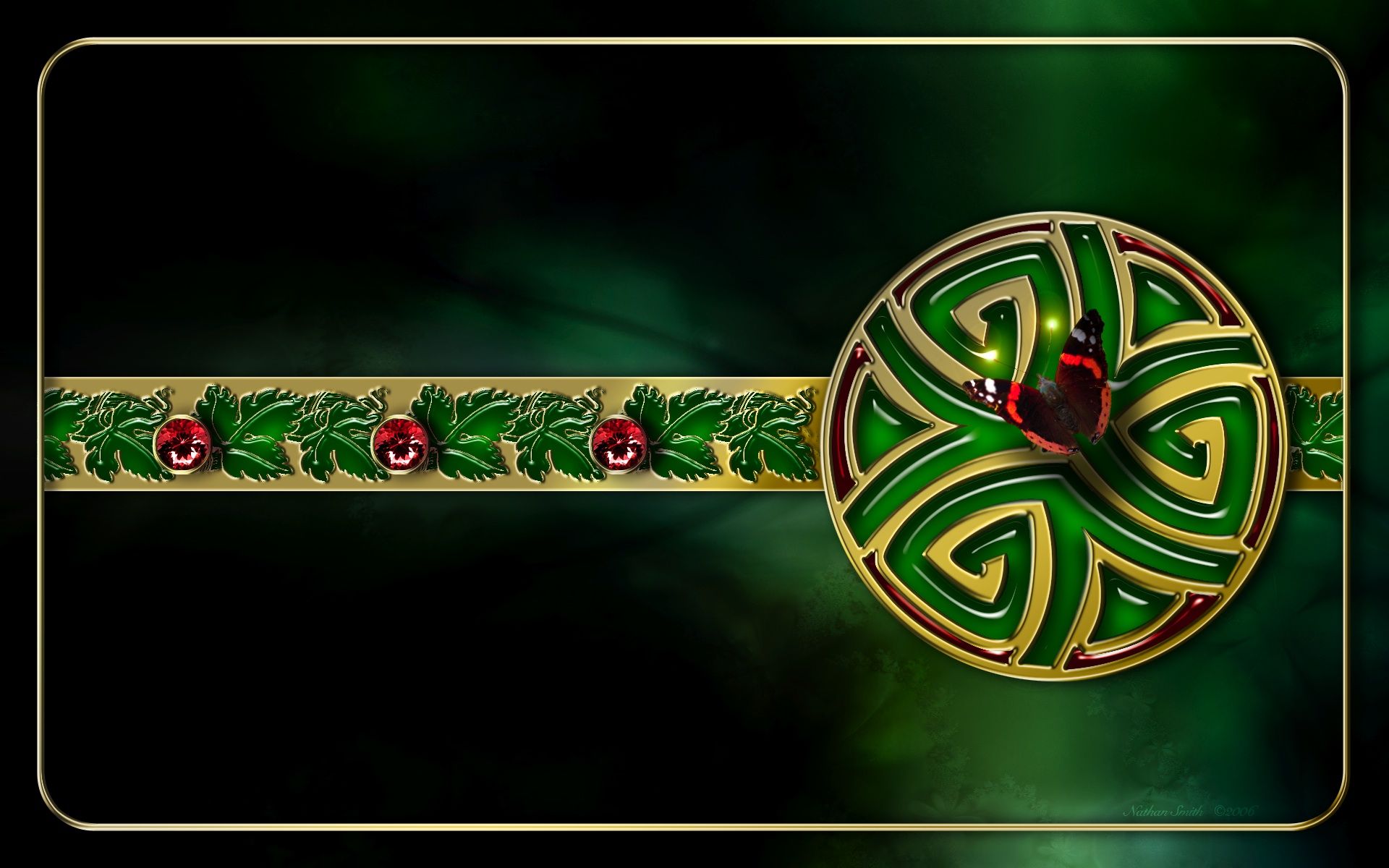 A Green And Gold Wallpaper With Bird On It S Back End Surrounded By