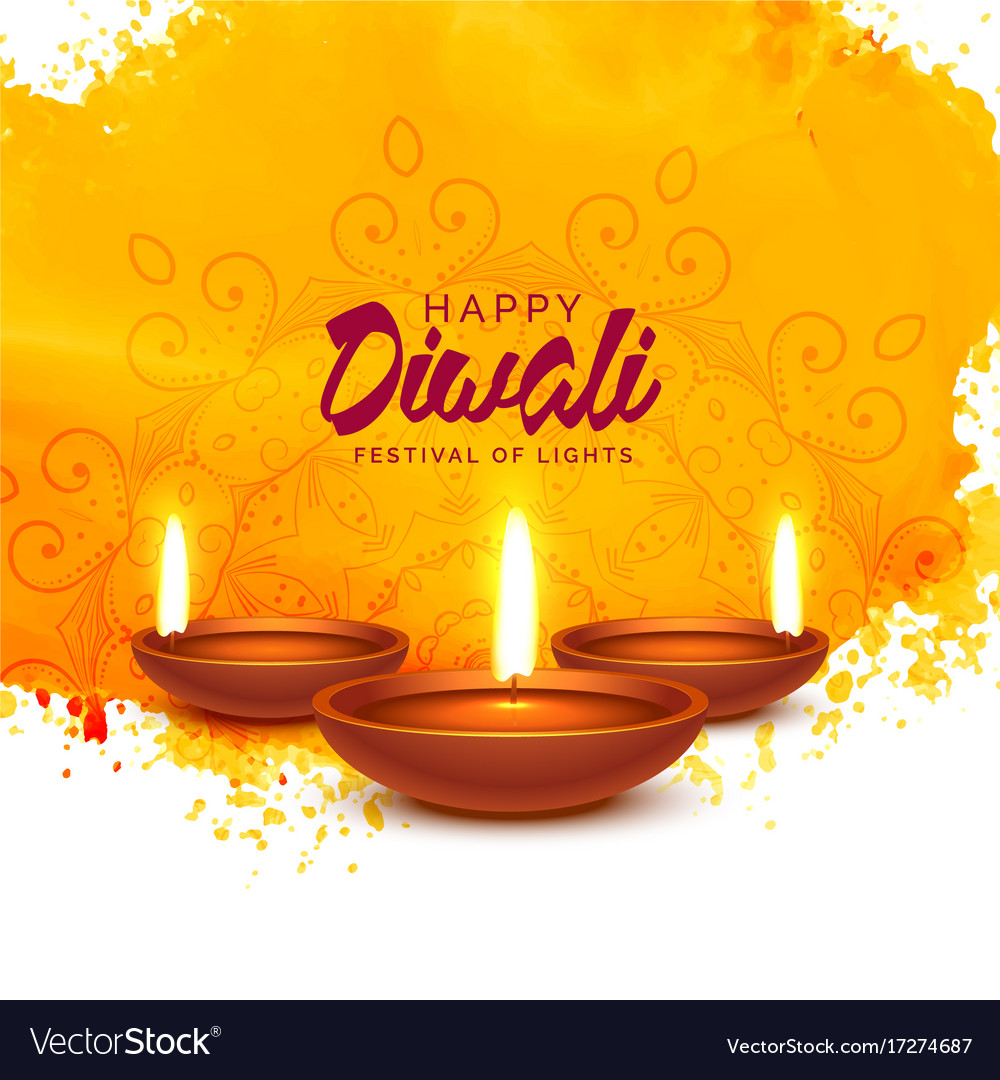 Happy Diwali Background With Orange Watercolor Vector Image
