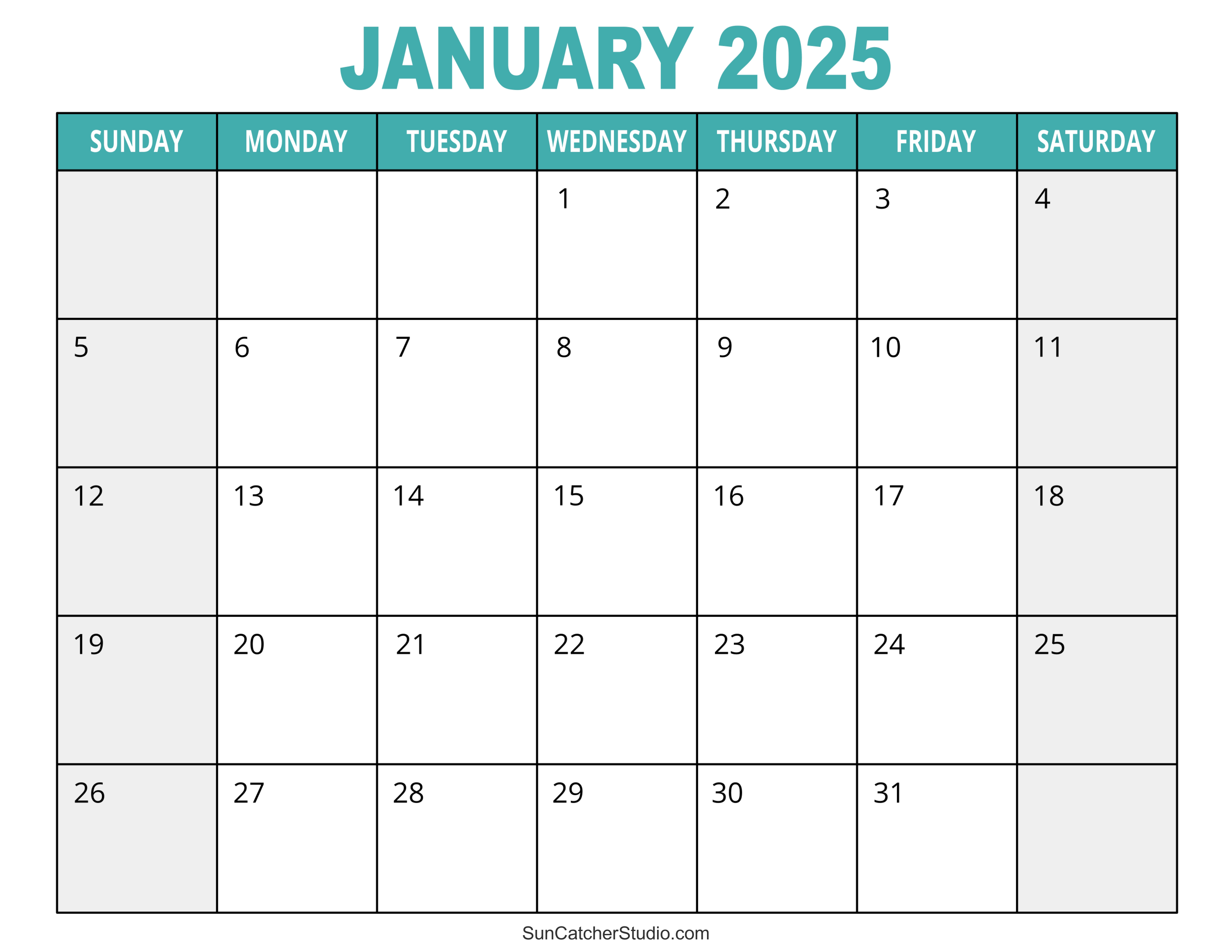 January 2025 Calendar: A clean, minimalist monthly calendar for January 2025