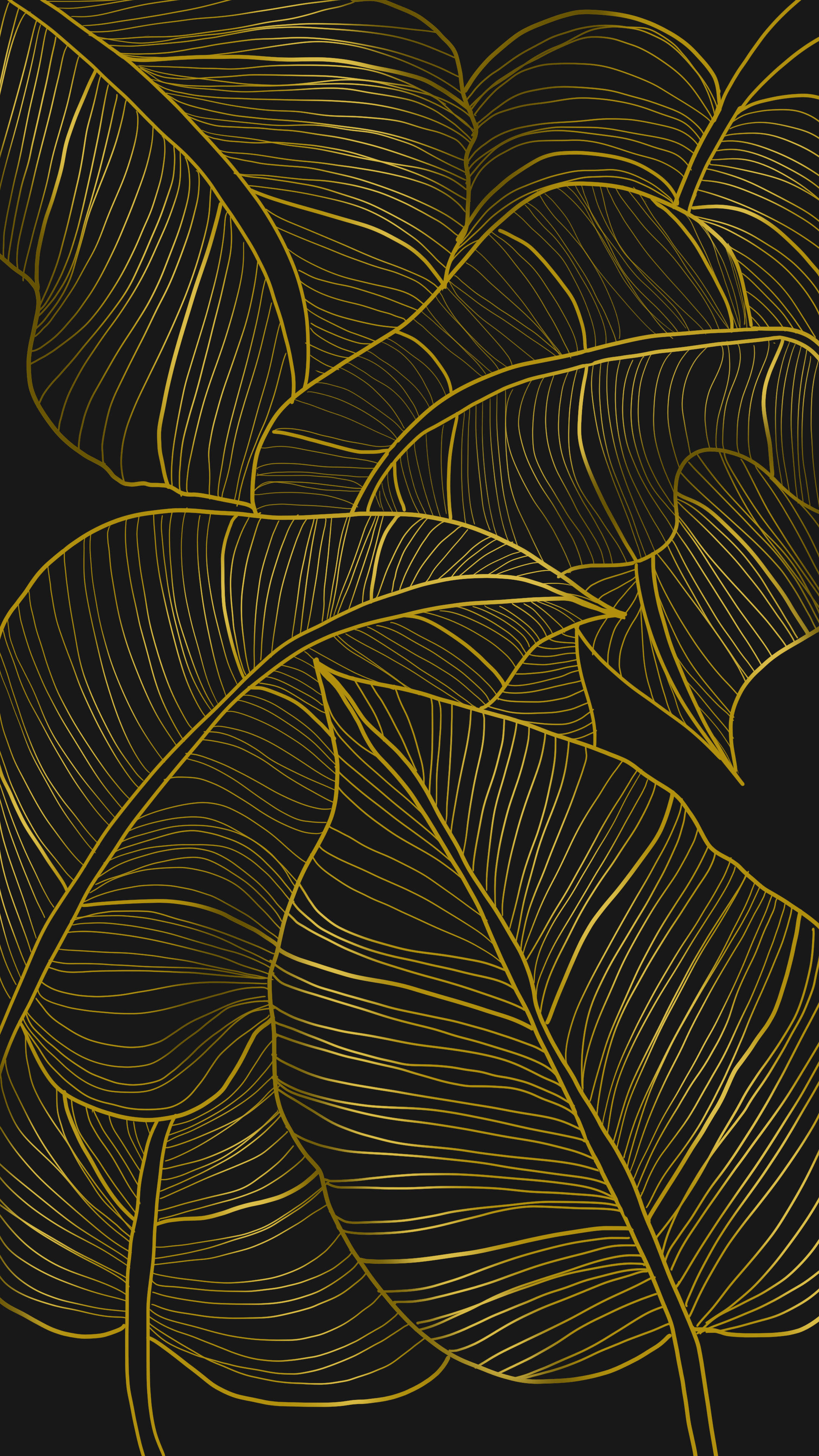 Elegant black and gold phone wallpaper featuring a stylized tropical leaf design