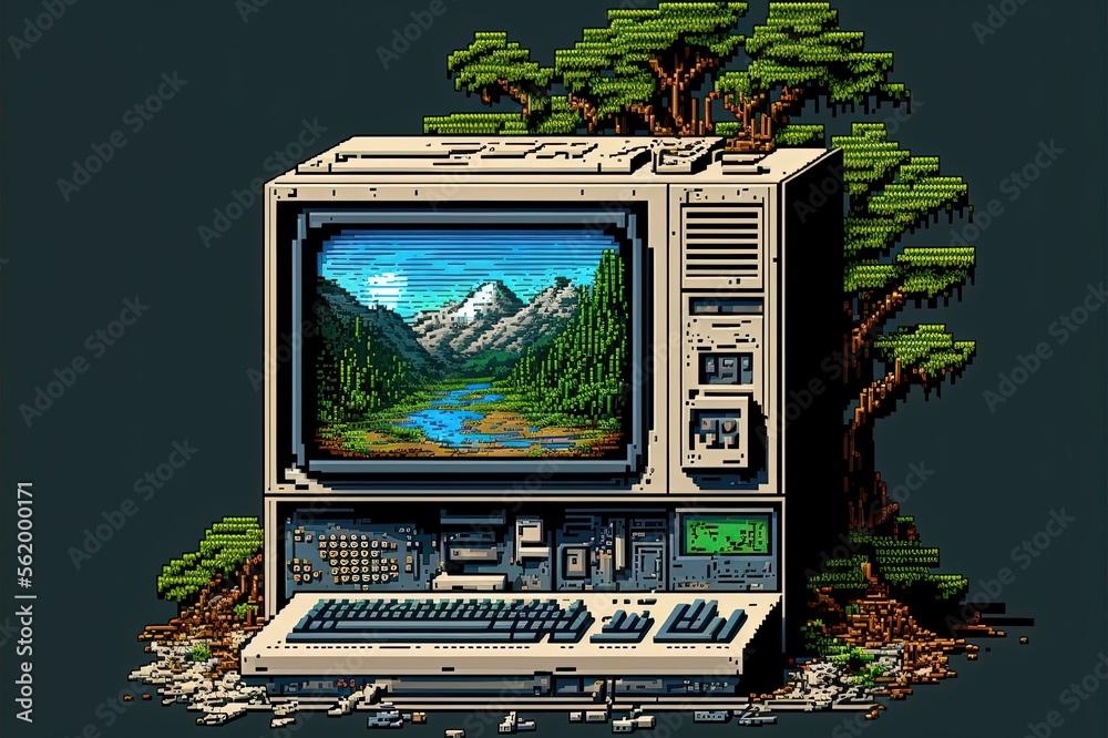 Pixel Art Old Puter With Landscape Wallpaper Background In