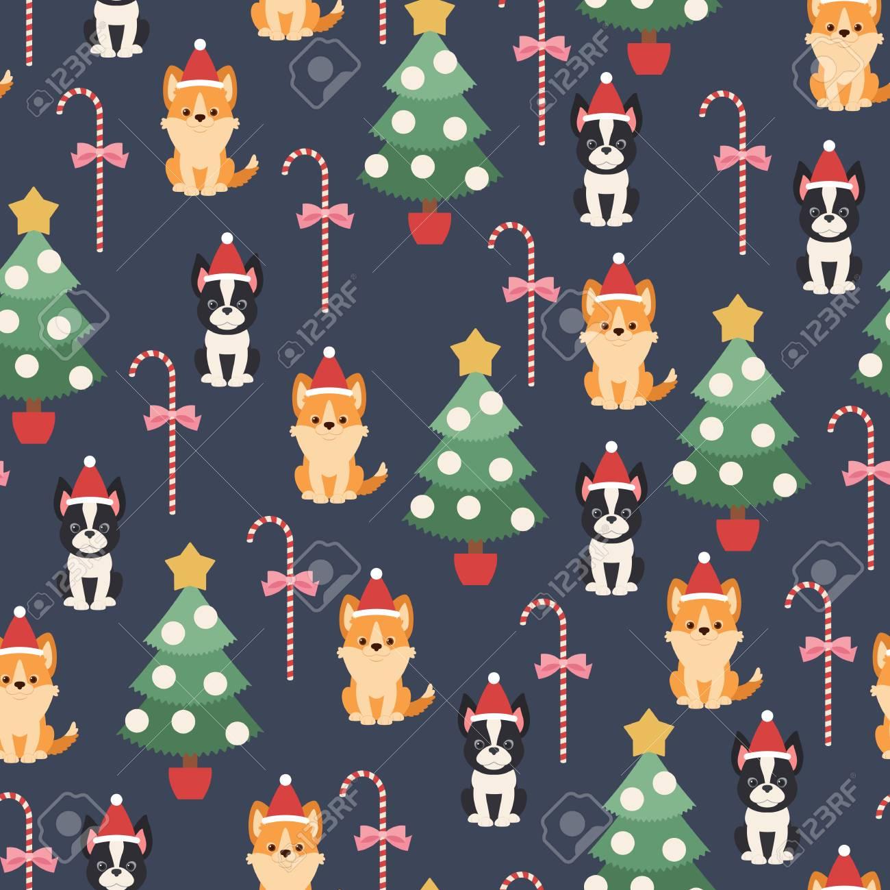 Boston Terrier And Welsh Corgi Puppies With Christmas Tree And